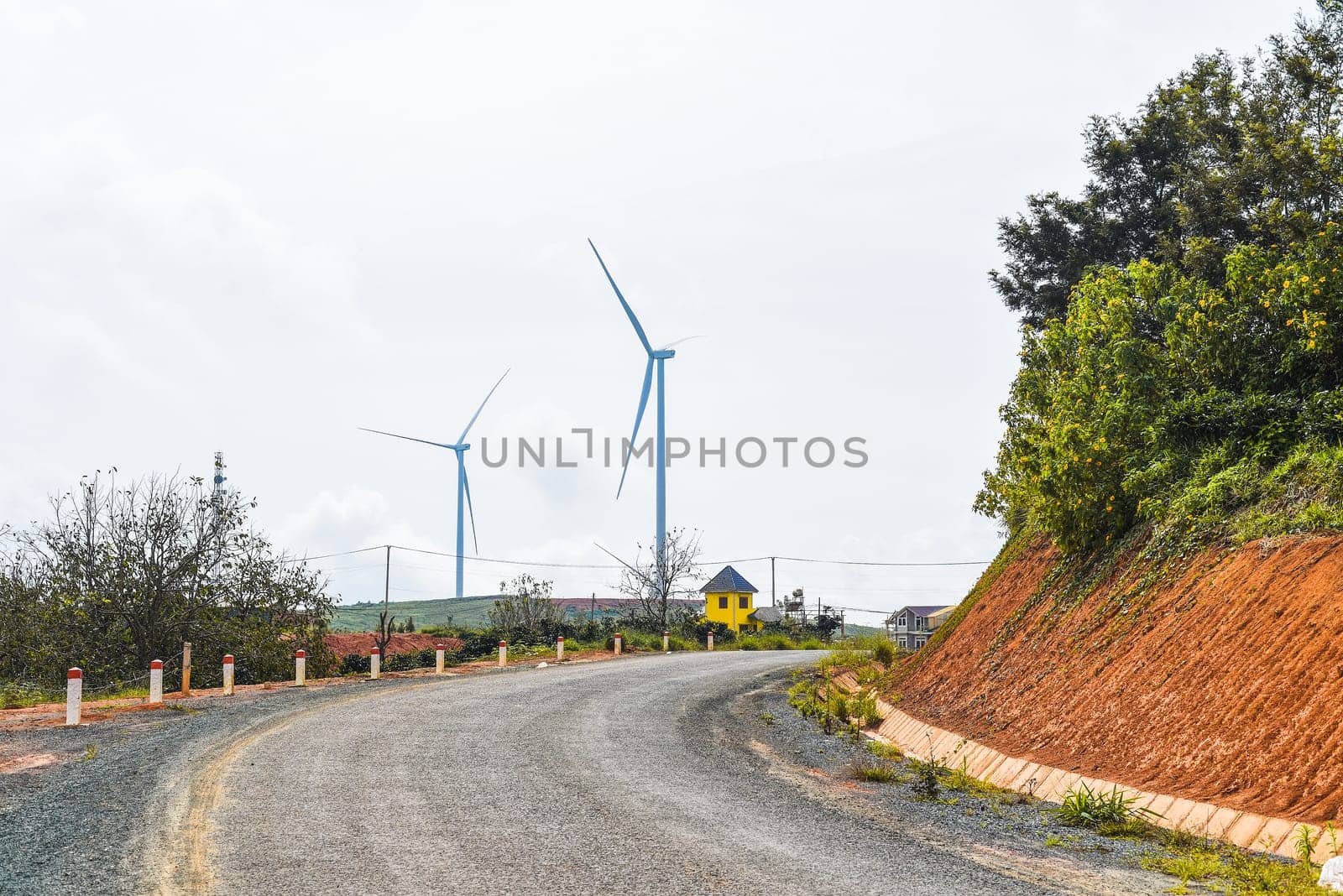Wind turbine against sky in Da Lat of Vietnam