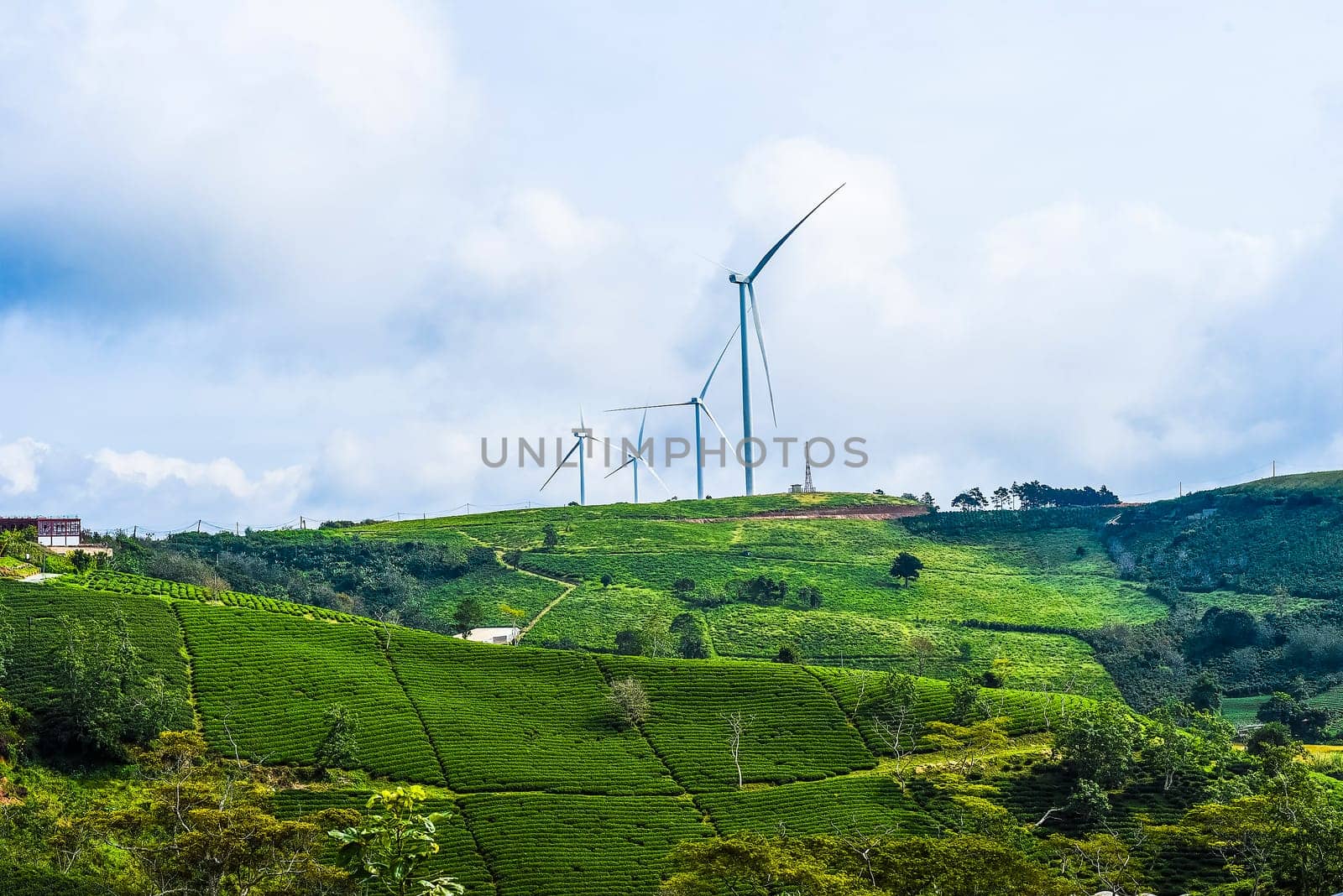 Wind turbine against sky in Da Lat of Vietnam