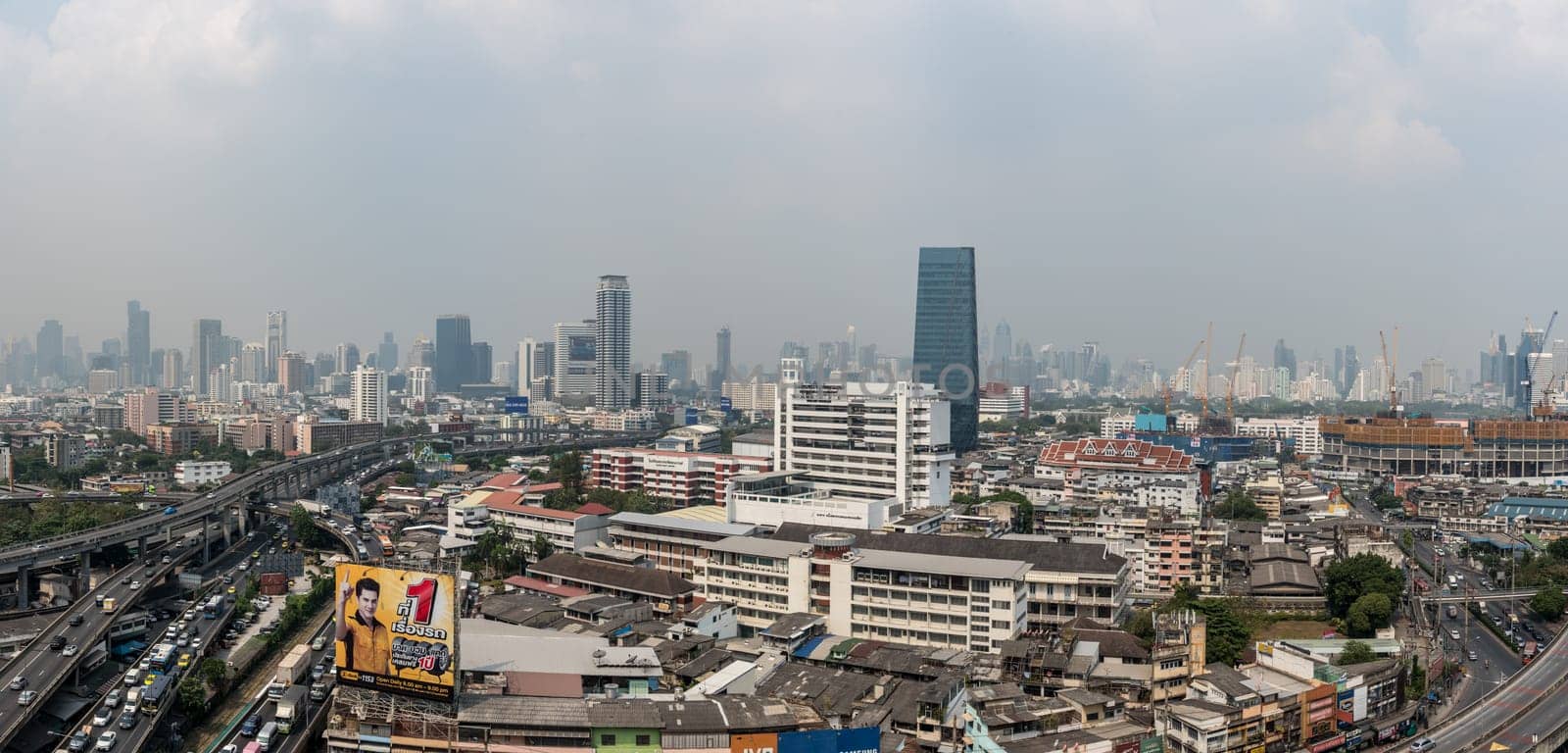 Bangkok, Thailand - January 31, 2019 : Cityscape of Bangkok city with smog PM2.5 dust exceed the standard value of Bangkok city with bad weather air pollution cause poor visibility and health hazards