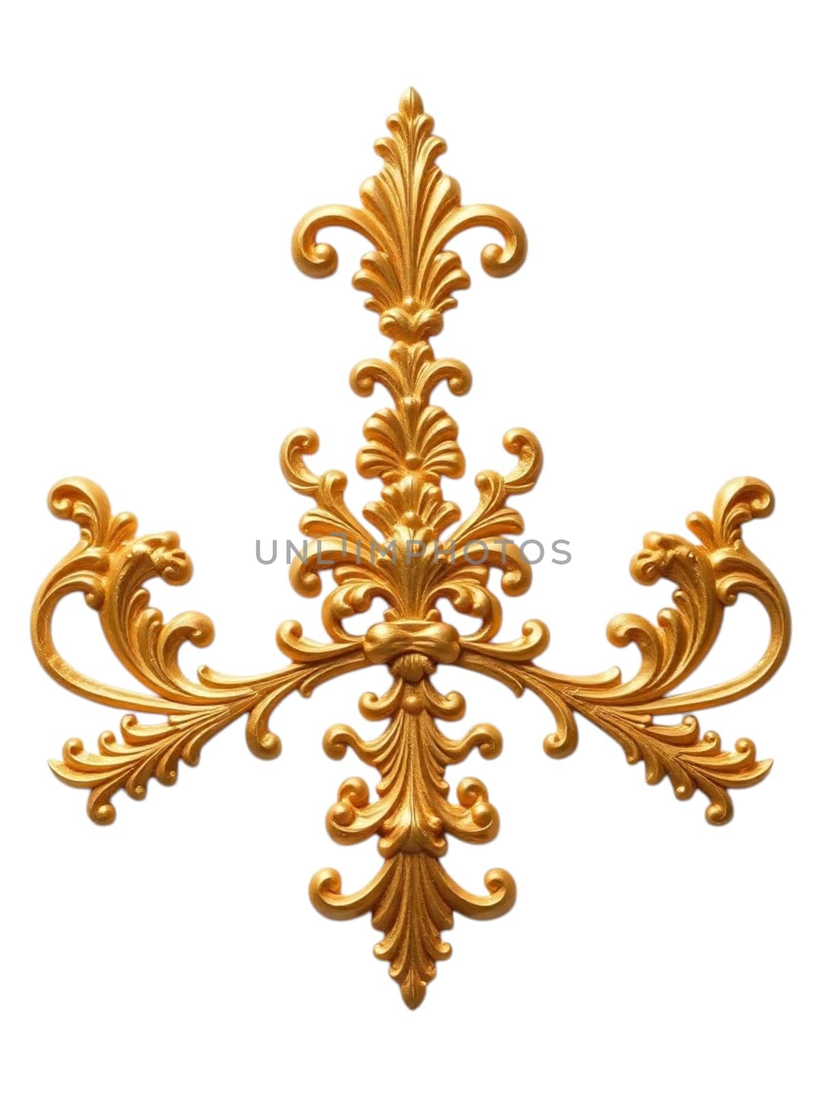 A gold baroque ornament featuring intricate scrolls and flourishes in a vintage, ornate style, with a rich metallic texture and a shiny, luxurious finish.