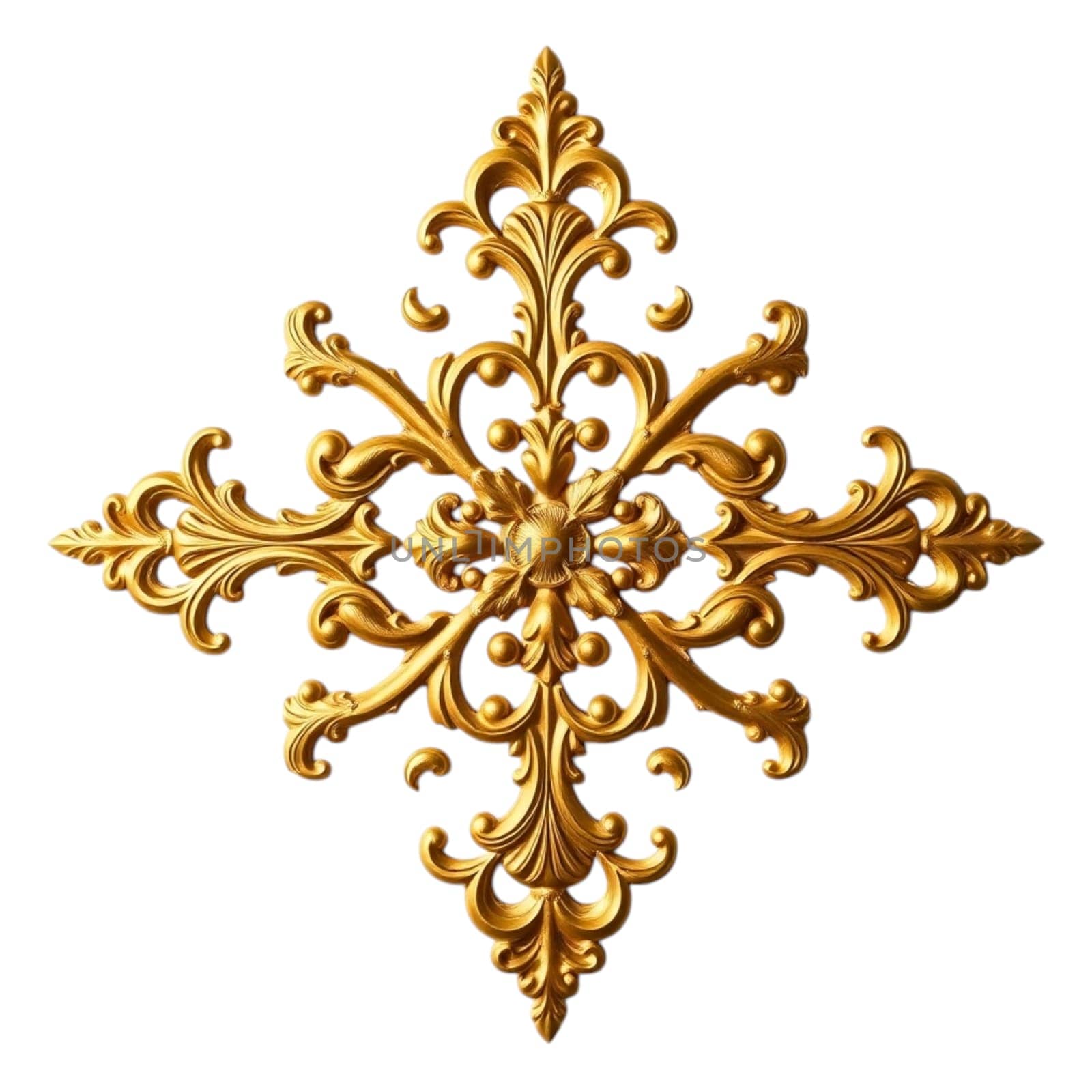 A gold baroque ornament featuring intricate scrolls and flourishes in a vintage, ornate style, with a rich metallic texture and a shiny, luxurious finish.
