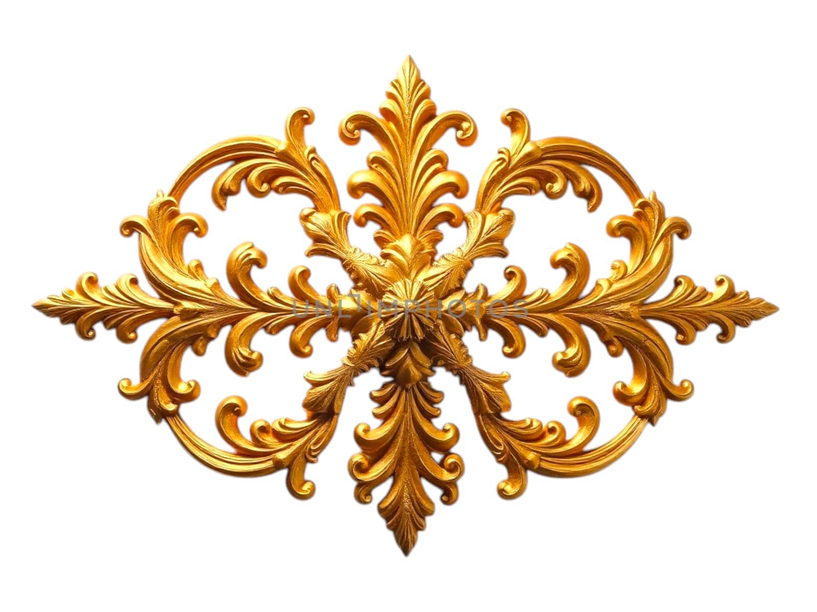 A gold baroque ornament featuring intricate scrolls and flourishes in a vintage, ornate style, with a rich metallic texture and a shiny, luxurious finish.