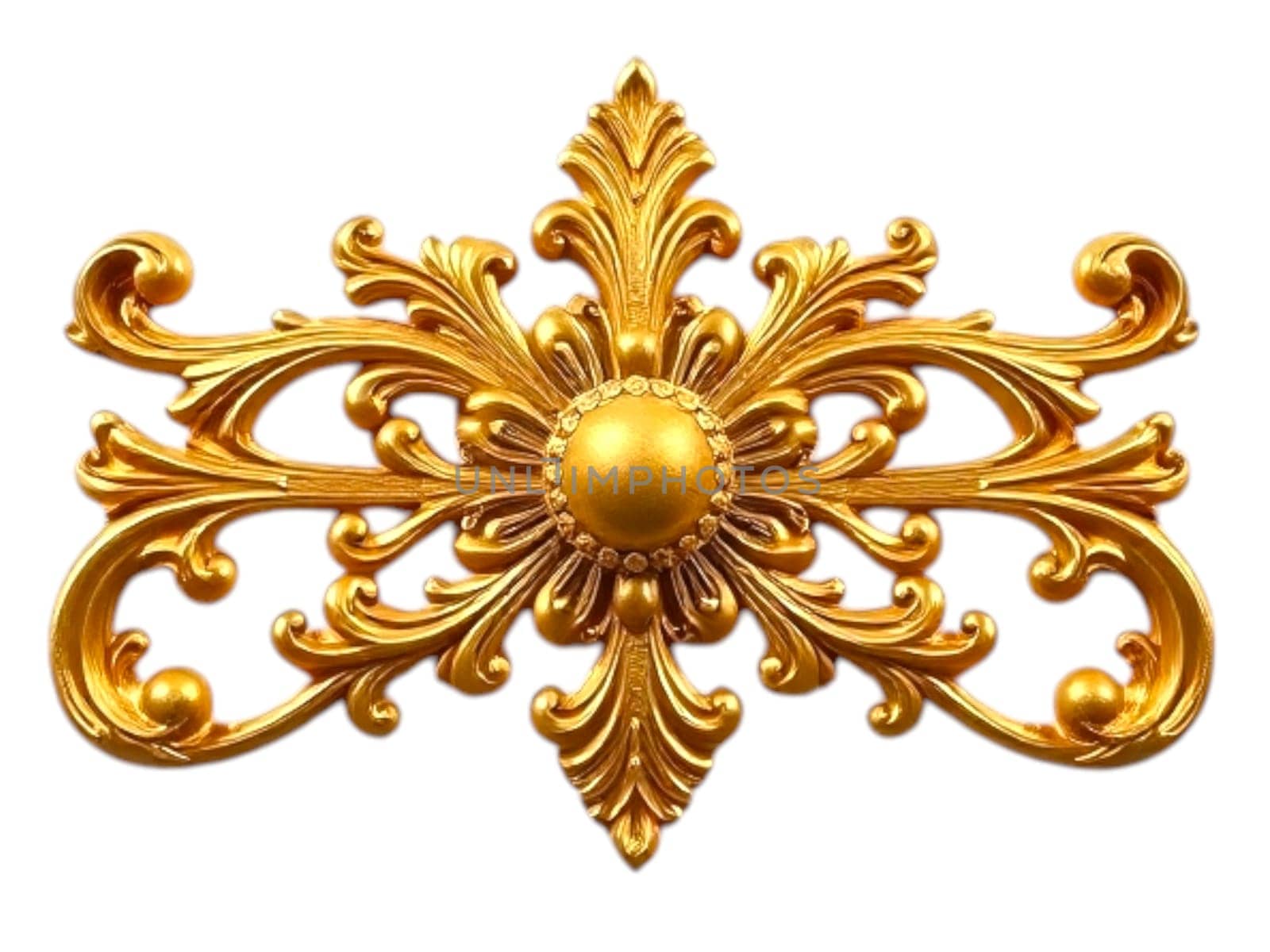 A gold baroque ornament featuring intricate scrolls and flourishes in a vintage, ornate style, with a rich metallic texture and a shiny, luxurious finish.