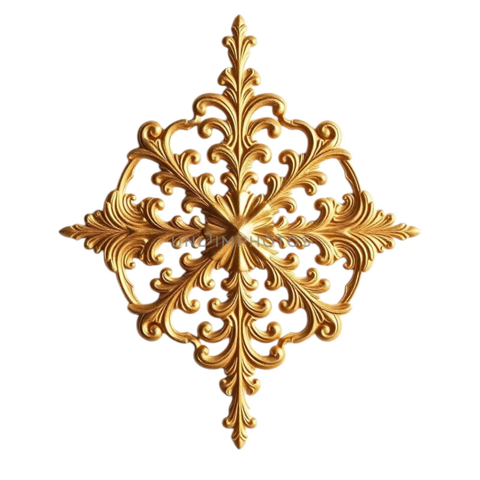 A gold baroque ornament featuring intricate scrolls and flourishes in a vintage, ornate style, with a rich metallic texture and a shiny, luxurious finish.