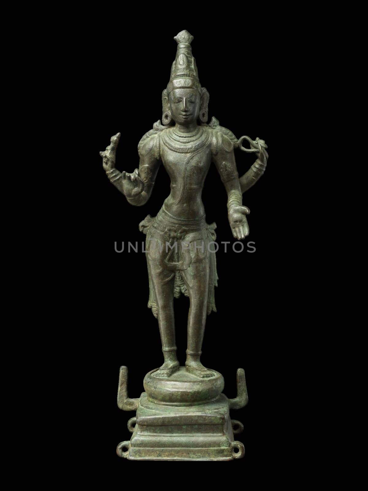 Ancient bronze sculpture of Chakra Purusha, the personified discus weapon of Vishnu, from 10th-century Tamil Nadu, showcasing intricate details and traditional Indian artistry.