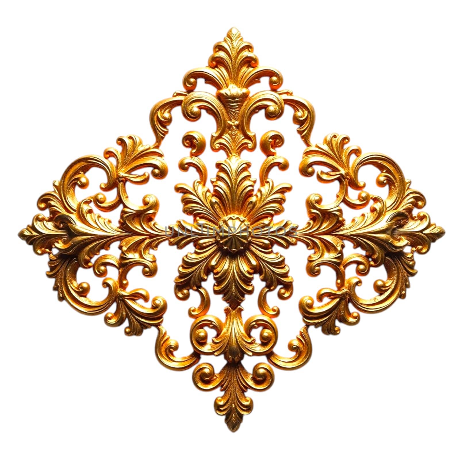A gold baroque ornament featuring intricate scrolls and flourishes in a vintage, ornate style, with a rich metallic texture and a shiny, luxurious finish.