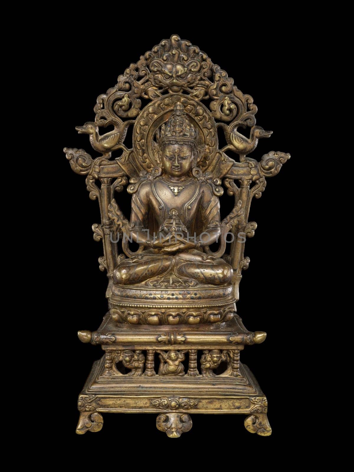 A serene and intricate Tibetan Buddhist sculpture of Enthroned Amitayus, the Buddha of Longevity, showcasing detailed iconography and vibrant colors from the early 15th century.
