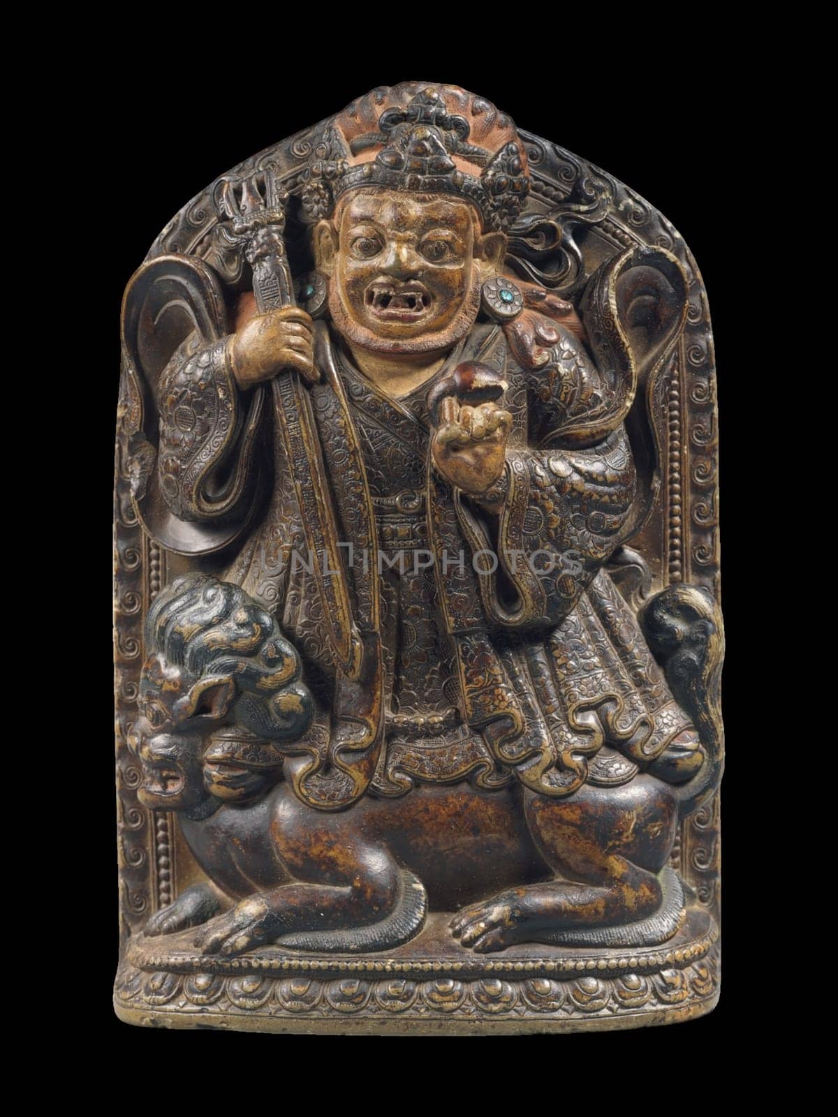 A detailed 15th-century Tibetan Vajrabhairava sculpture, showcasing intricate metalwork and symbolic elements of the tantric deity, set against a neutral background.