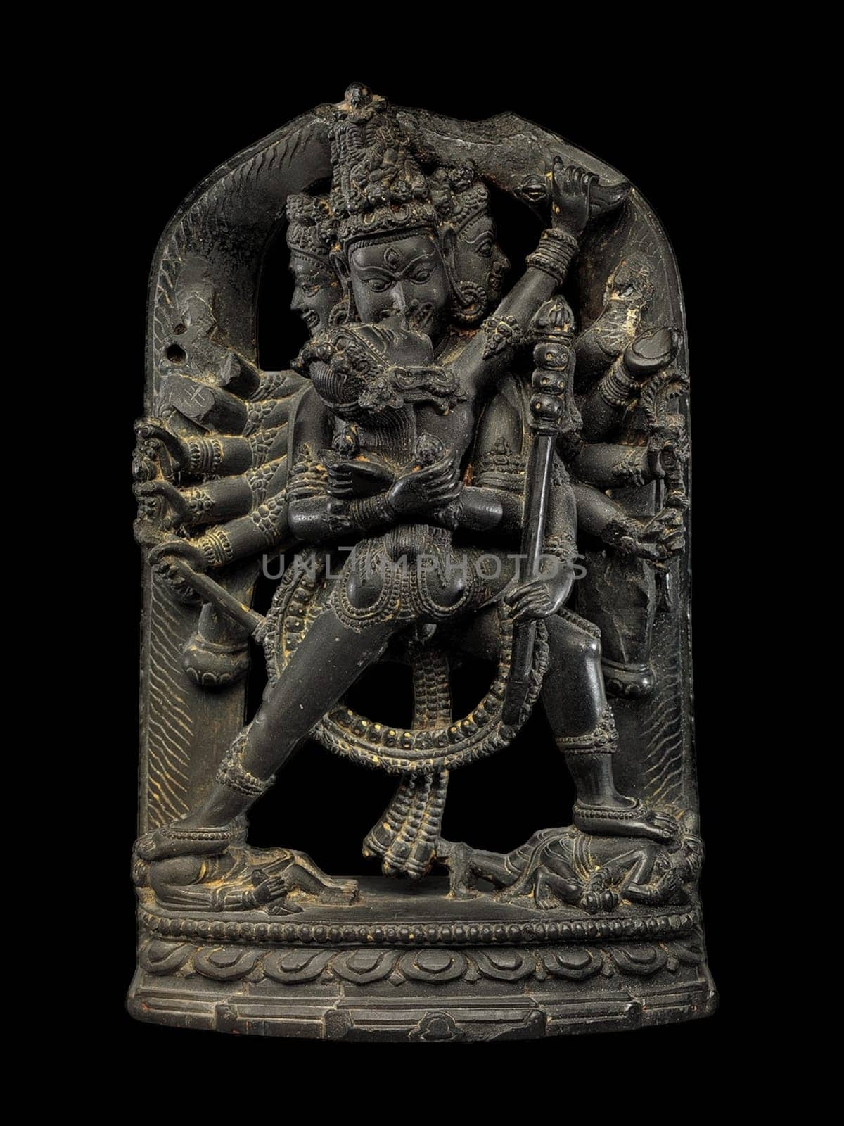 A detailed 12th-century sculpture of Twelve-Armed Chakrasamvara and Vajravarahi, showcasing intricate craftsmanship and religious significance, originating from India or Bangladesh.