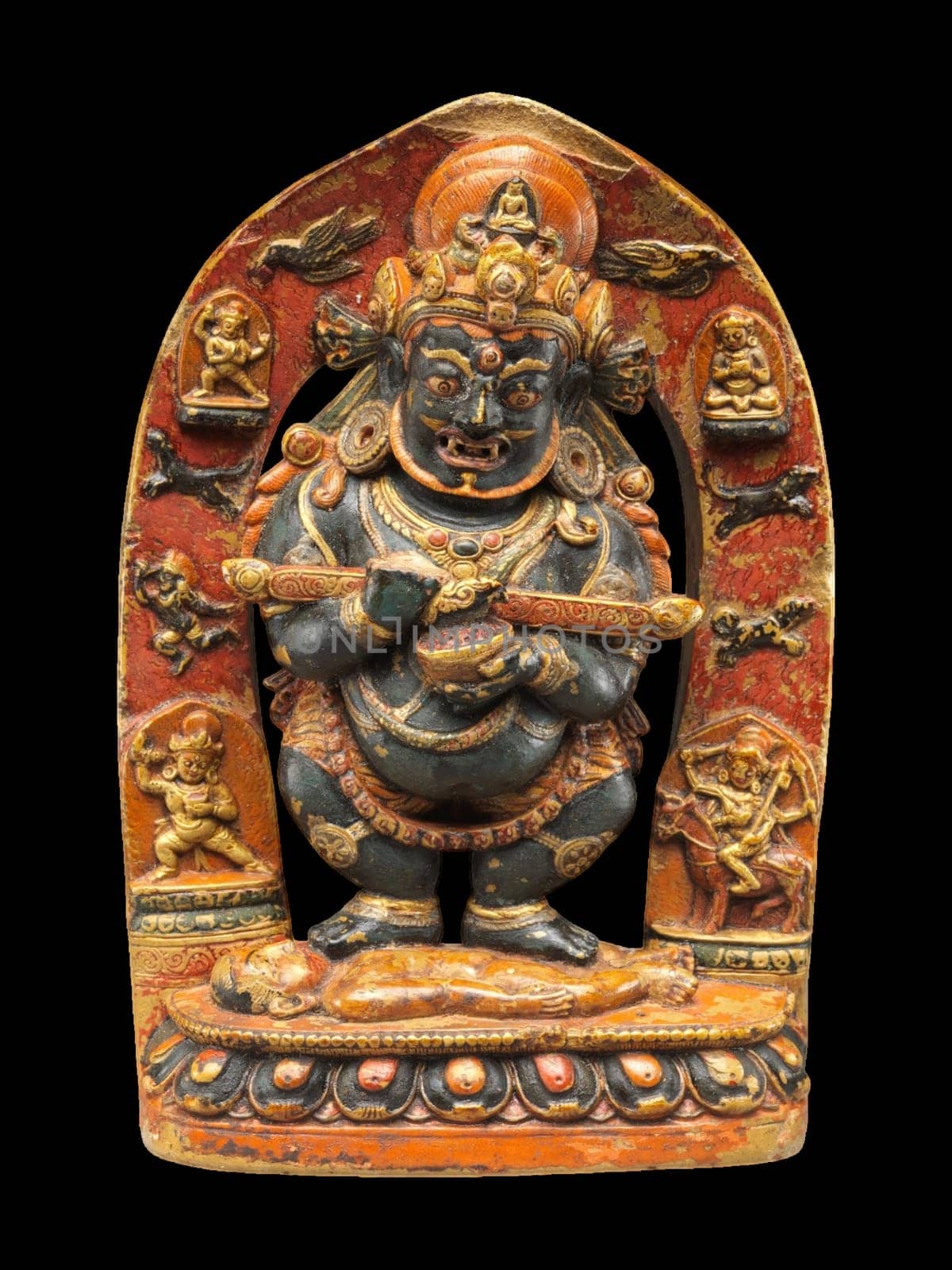 Ancient Tibetan Mahakala Panjaranatha statue, a protector deity from the late 14th to early 15th century, showcasing intricate Buddhist art and spiritual symbolism.