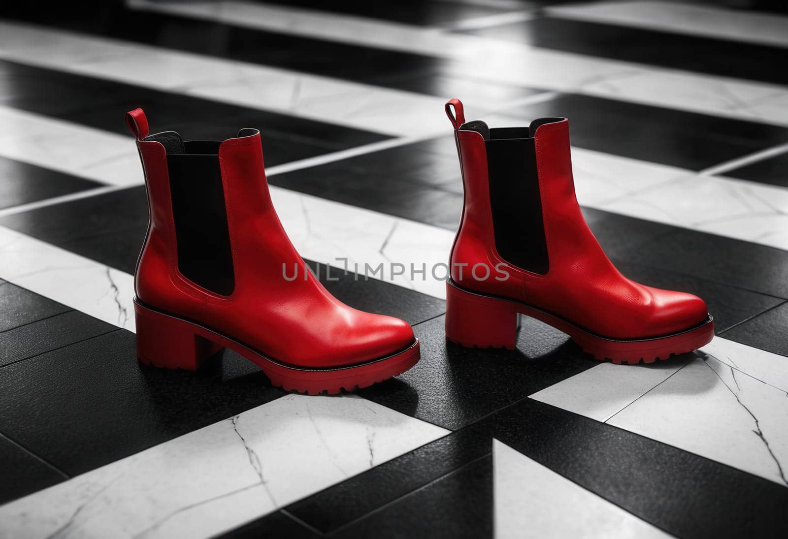 A pair of trendy red rubber boots on a black and white tile floor
