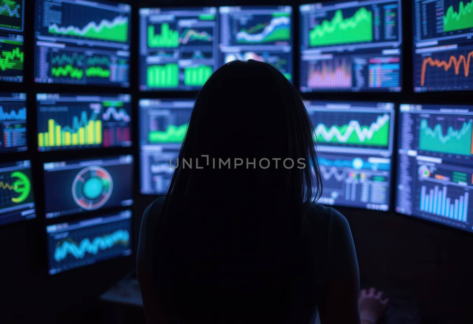 Silhouette of a girl in front of a monitor with various graphs and charts