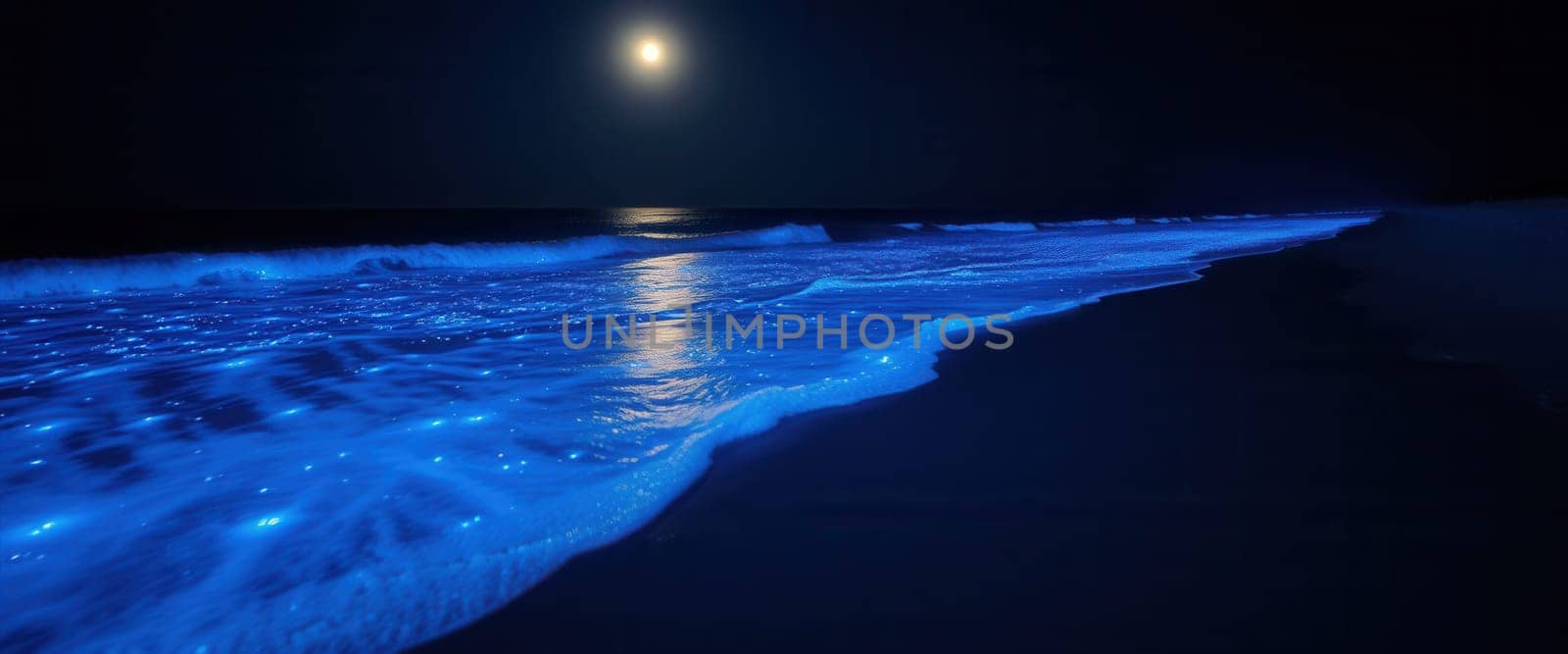 Blue night sea with waves and moon in the background