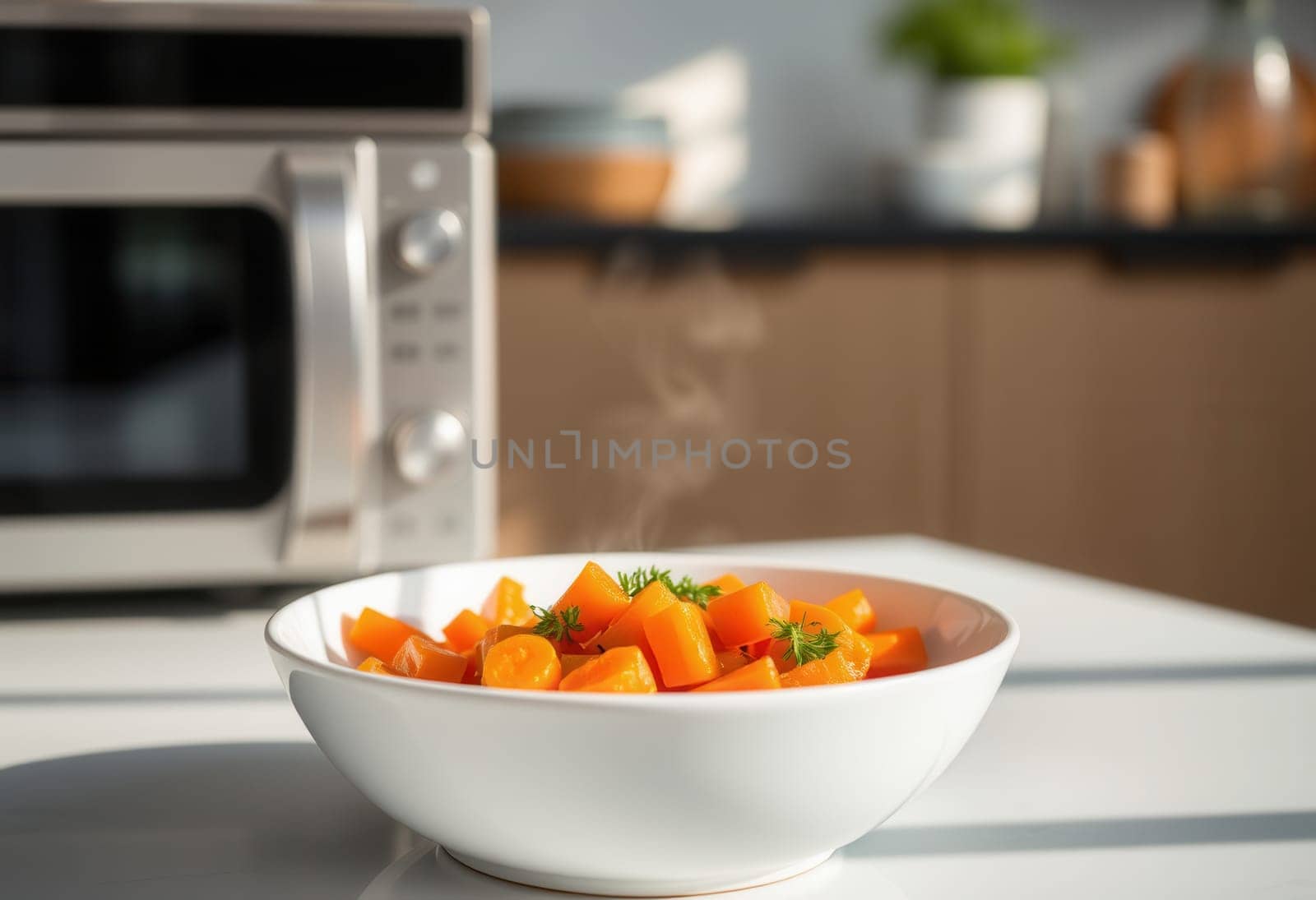 A bowl of hot microwave-cooked carrots on the kitchen table, close-up