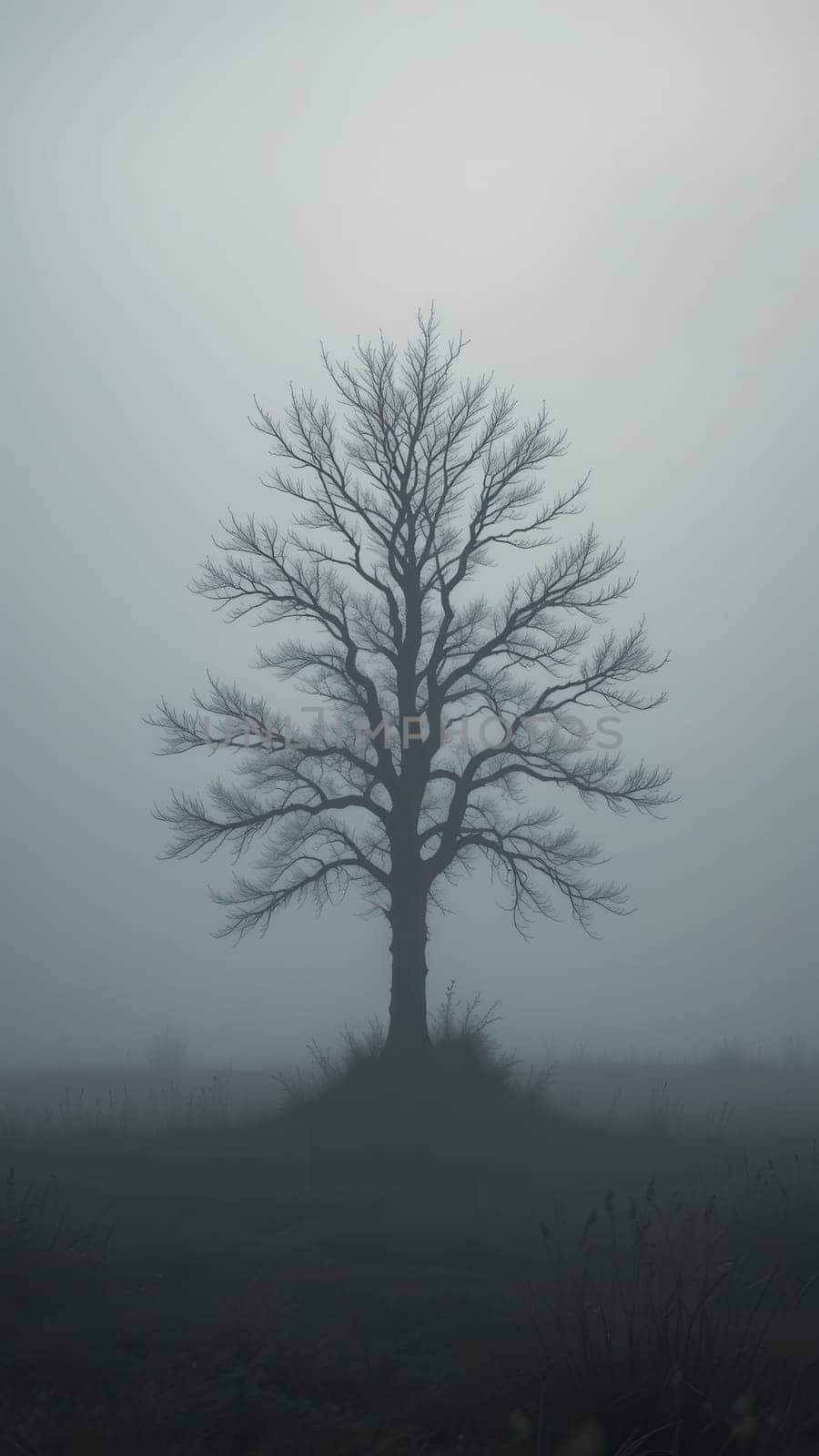 A lone tree in a misty field, early morning