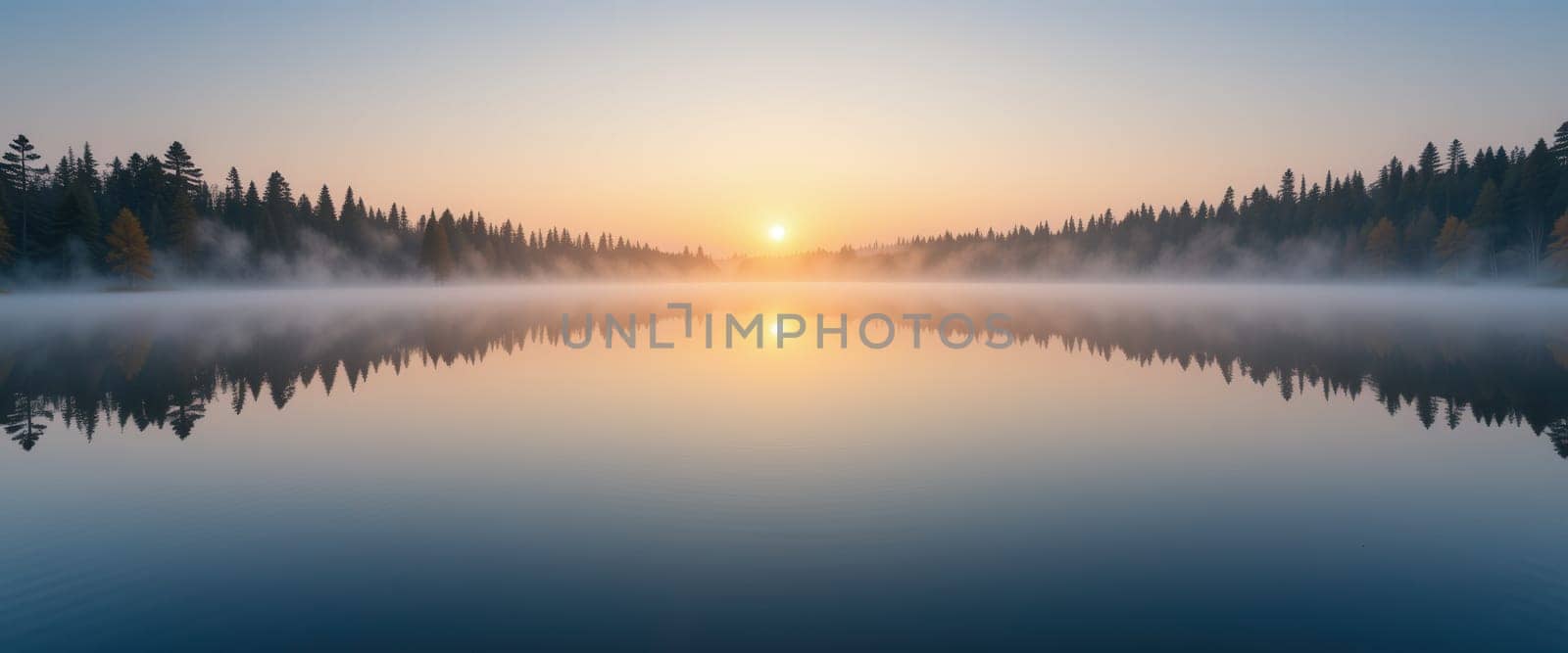 Panoramic view of a misty lake at sunrise