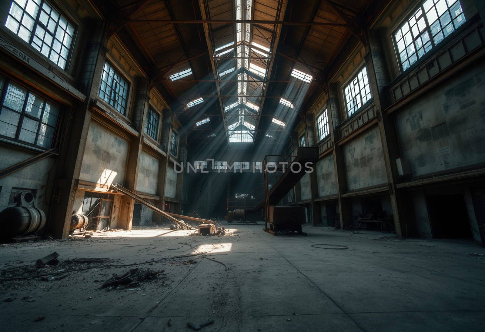 Abandoned industrial interior of an old factory building with bright sunlight