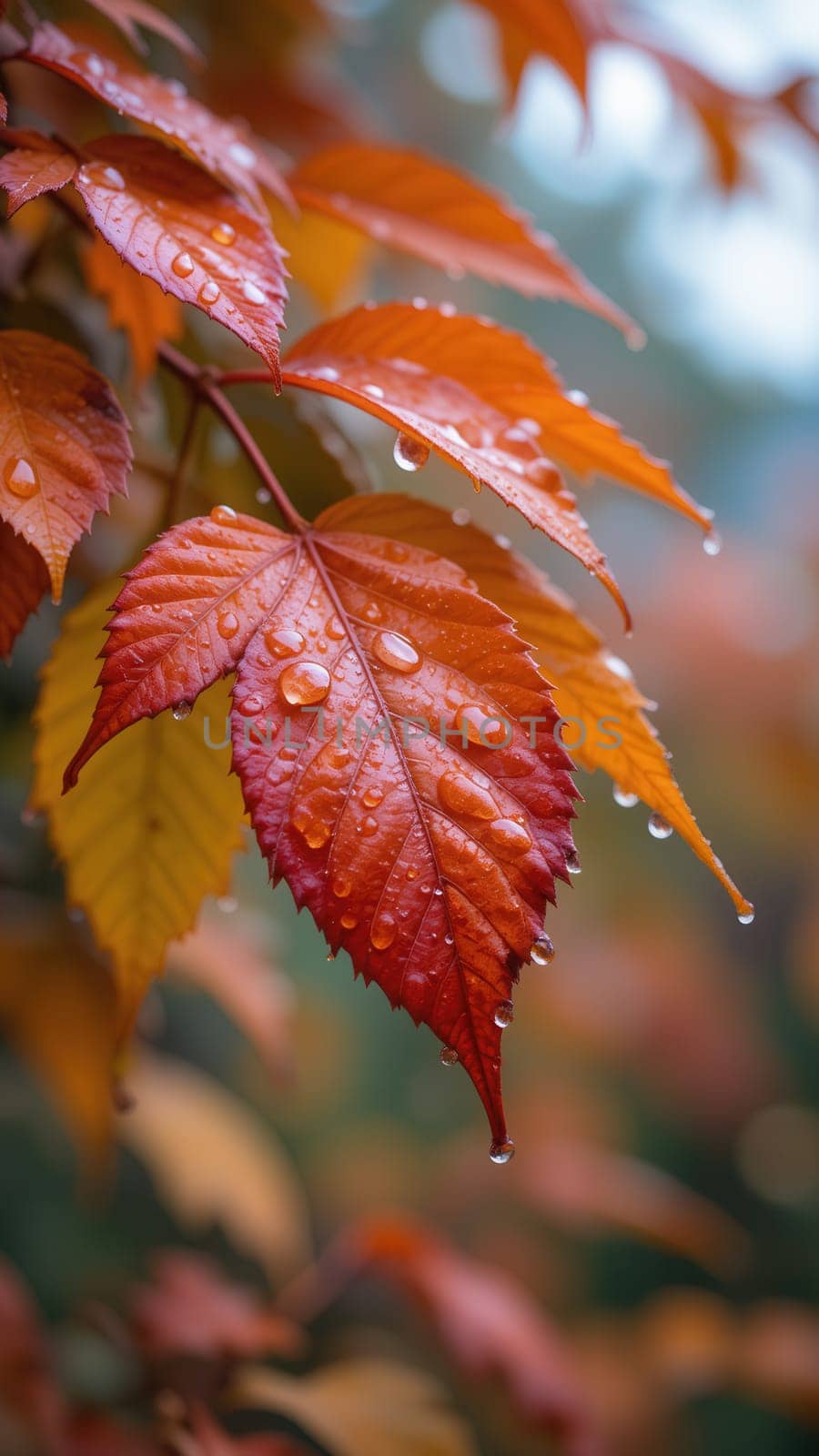 Autumn leaves with water drops on a blurred background
