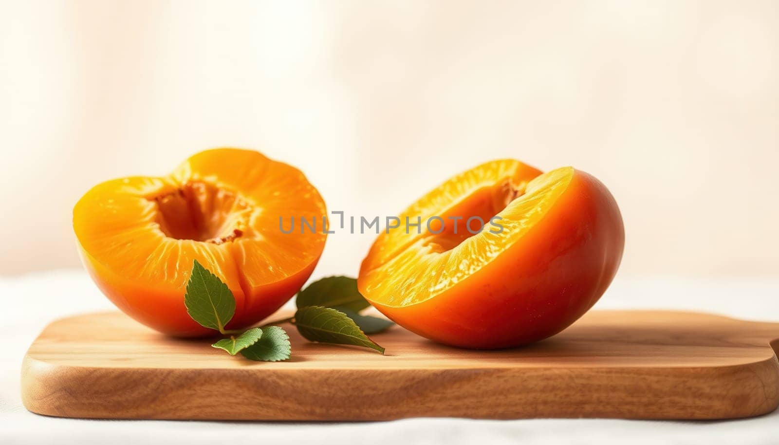 A board with a cut ripe peach on a light background, close-up