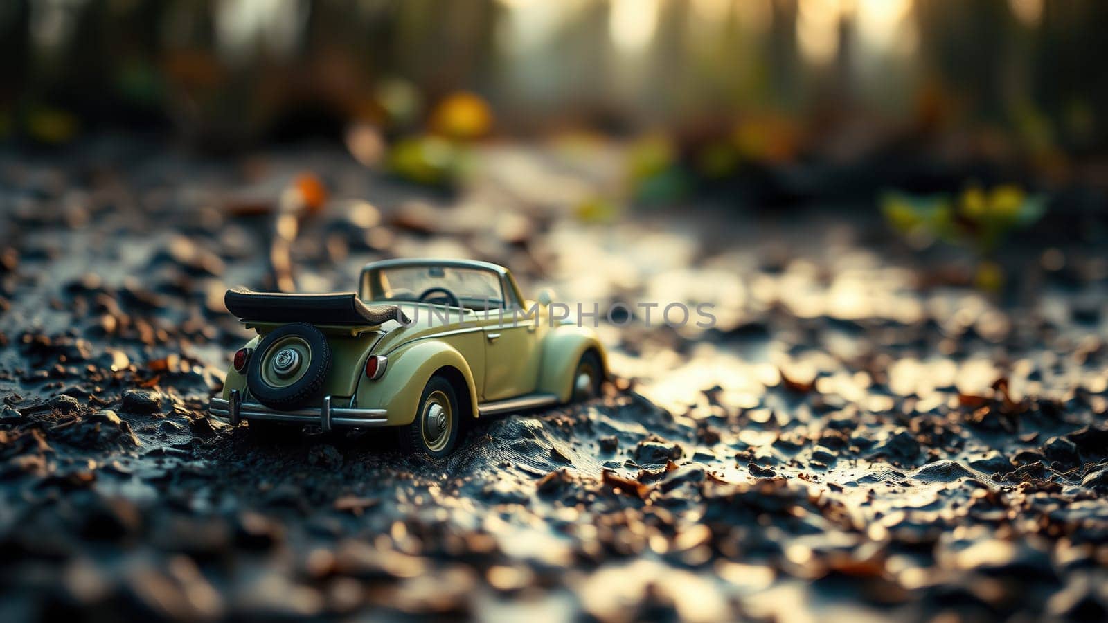 Vintage toy car on the ground in the autumn forest
