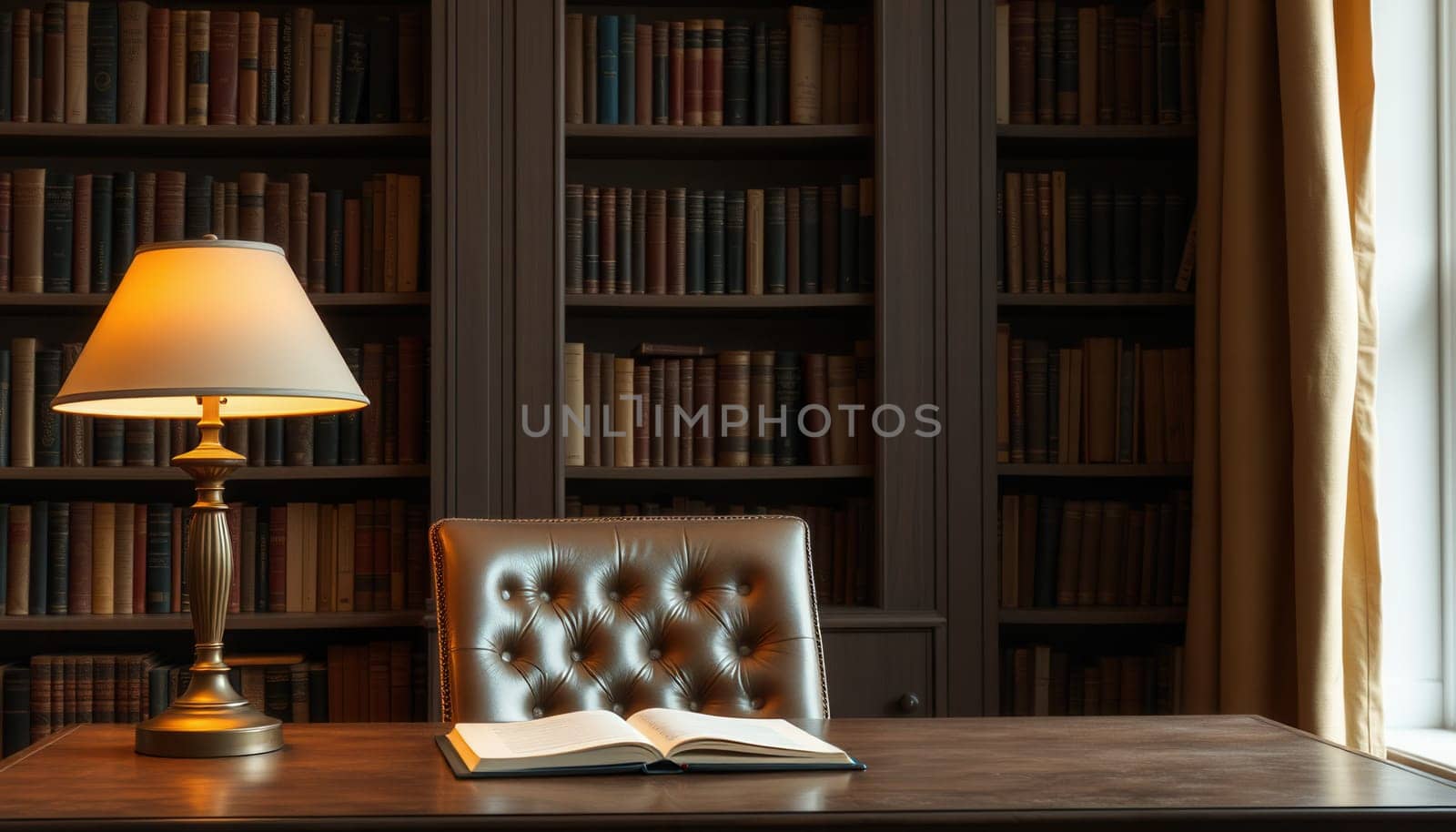 Lamp and book on the table in the home library