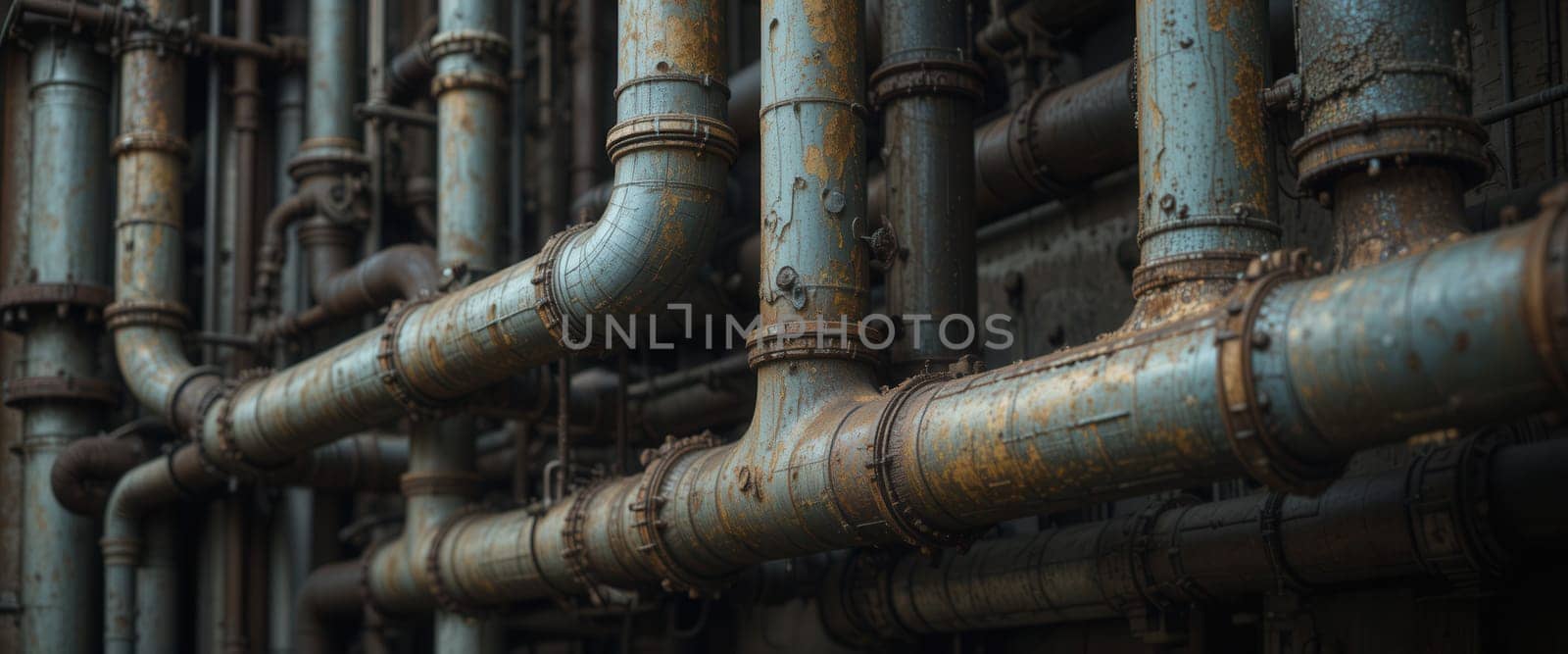 Old rusty pipes and valves in a factory, industrial background