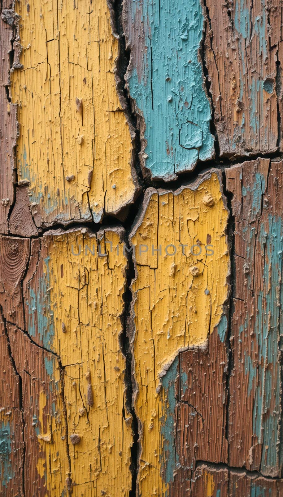 Wooden background with peeling paint in yellow and blue colors