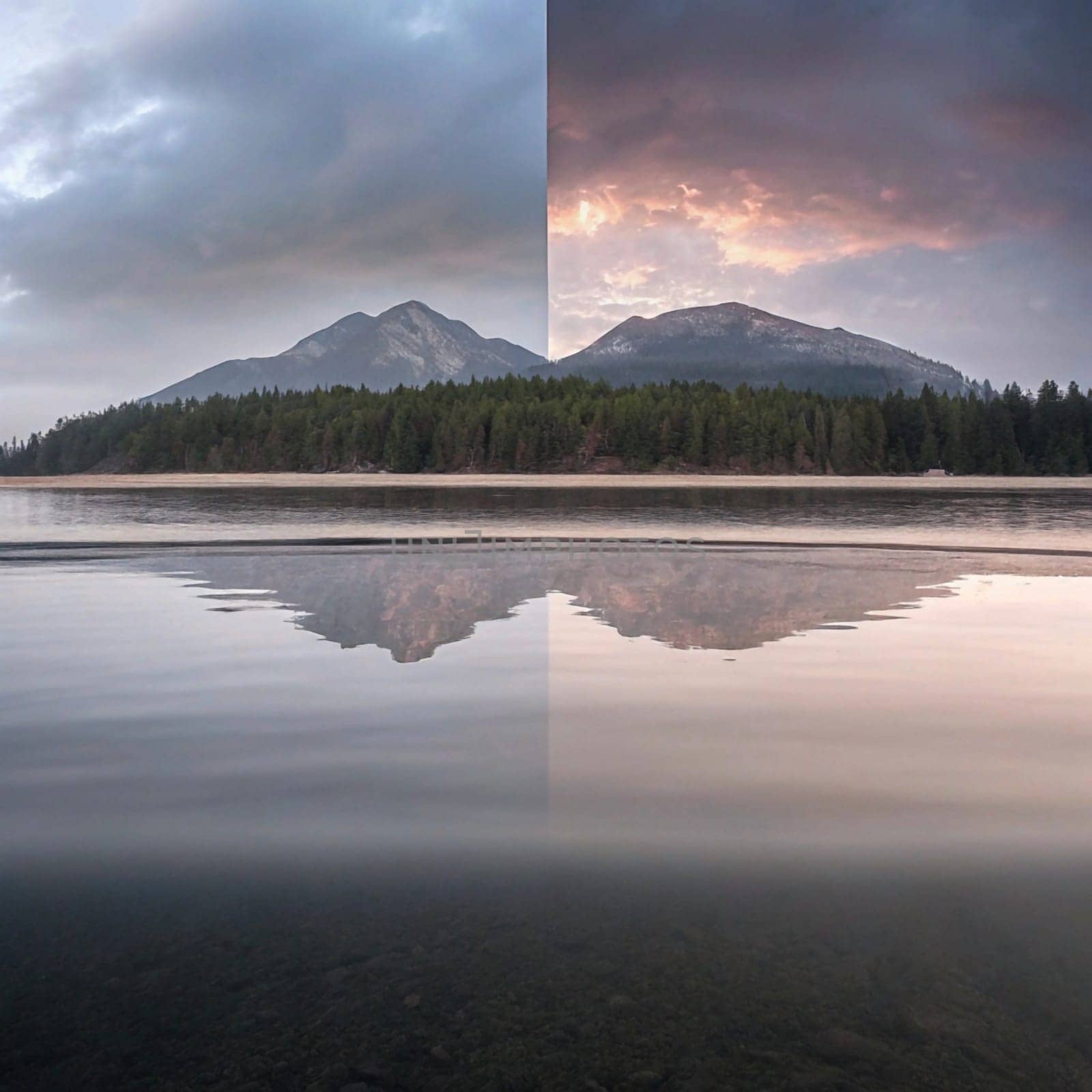 A lake reflecting mountains, split in two to show a clear sky on one side and a dramatic sunset on the other. A high-quality photo.