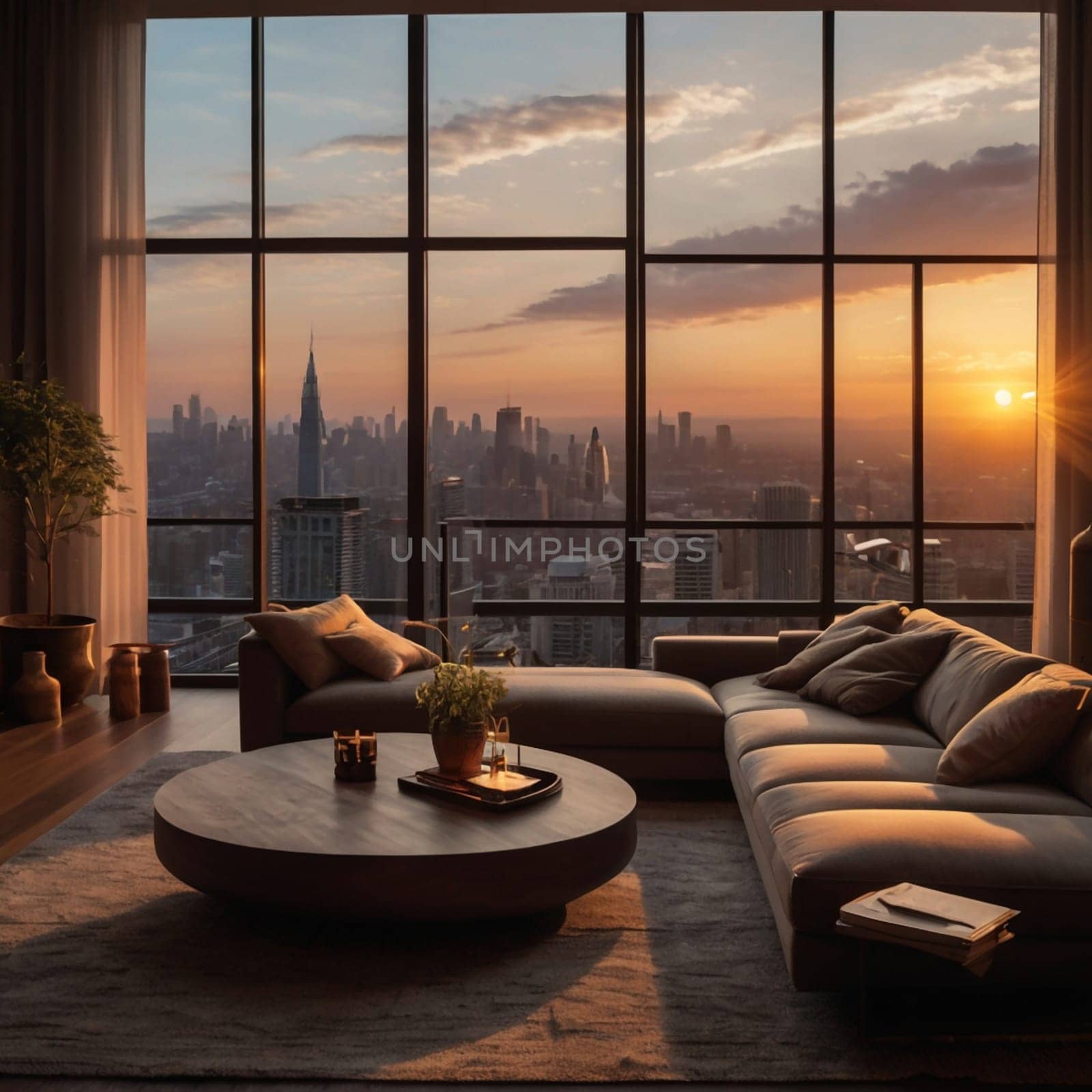 A modern living room with floor-to-ceiling windows overlooking a cityscape at sunset. A high-quality photo.