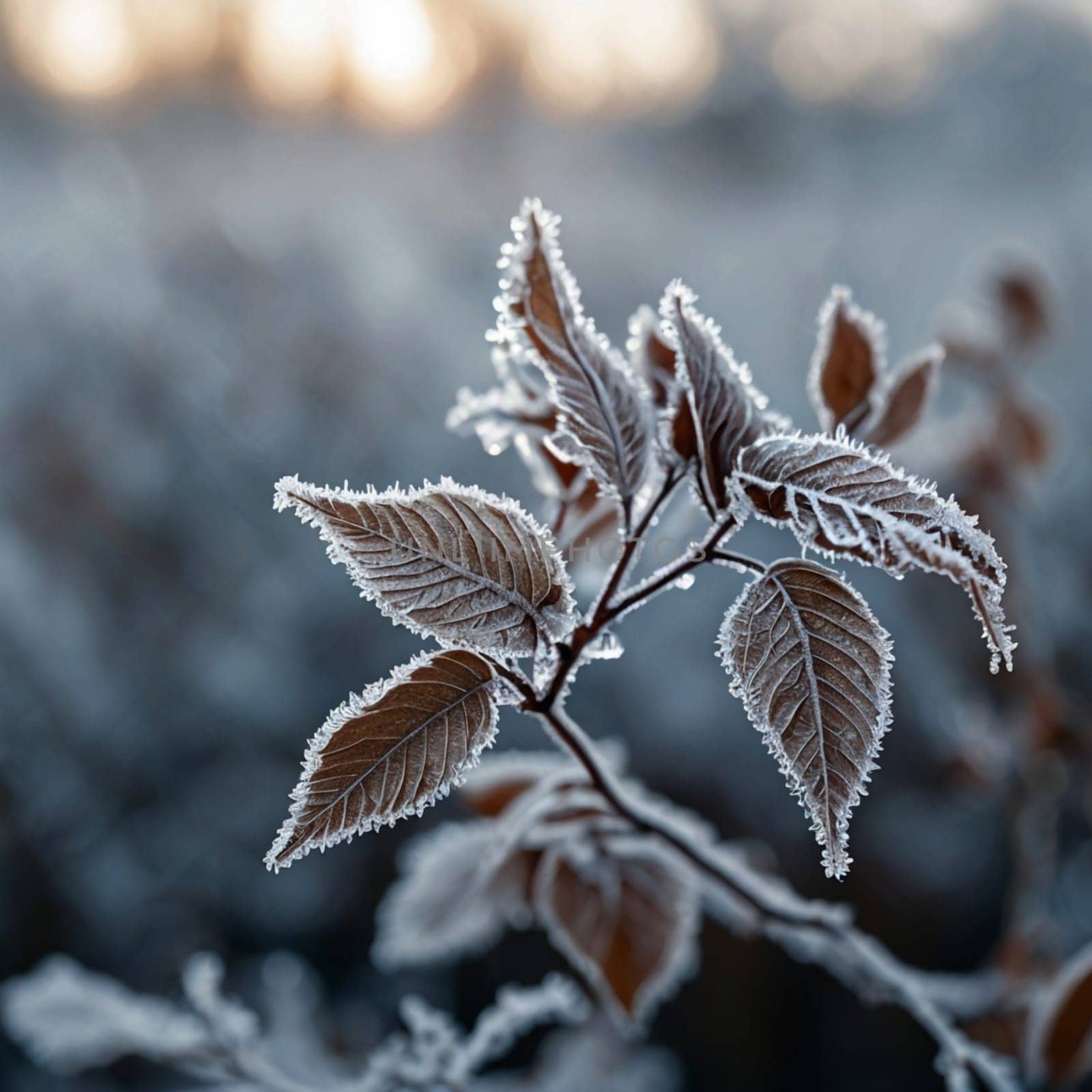 Close-up of frost-covered leaves on a branch. A high-quality photo.
