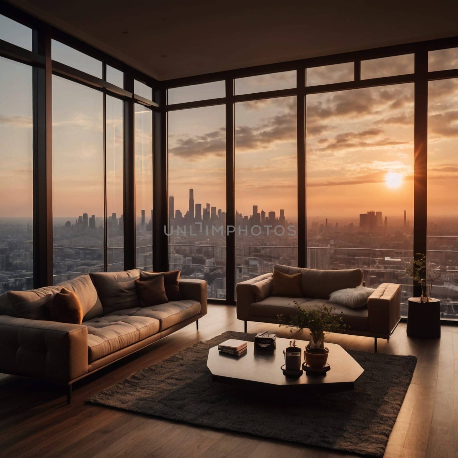Modern living room with floor-to-ceiling windows offering a panoramic view of a cityscape at sunset. A high-quality photo.