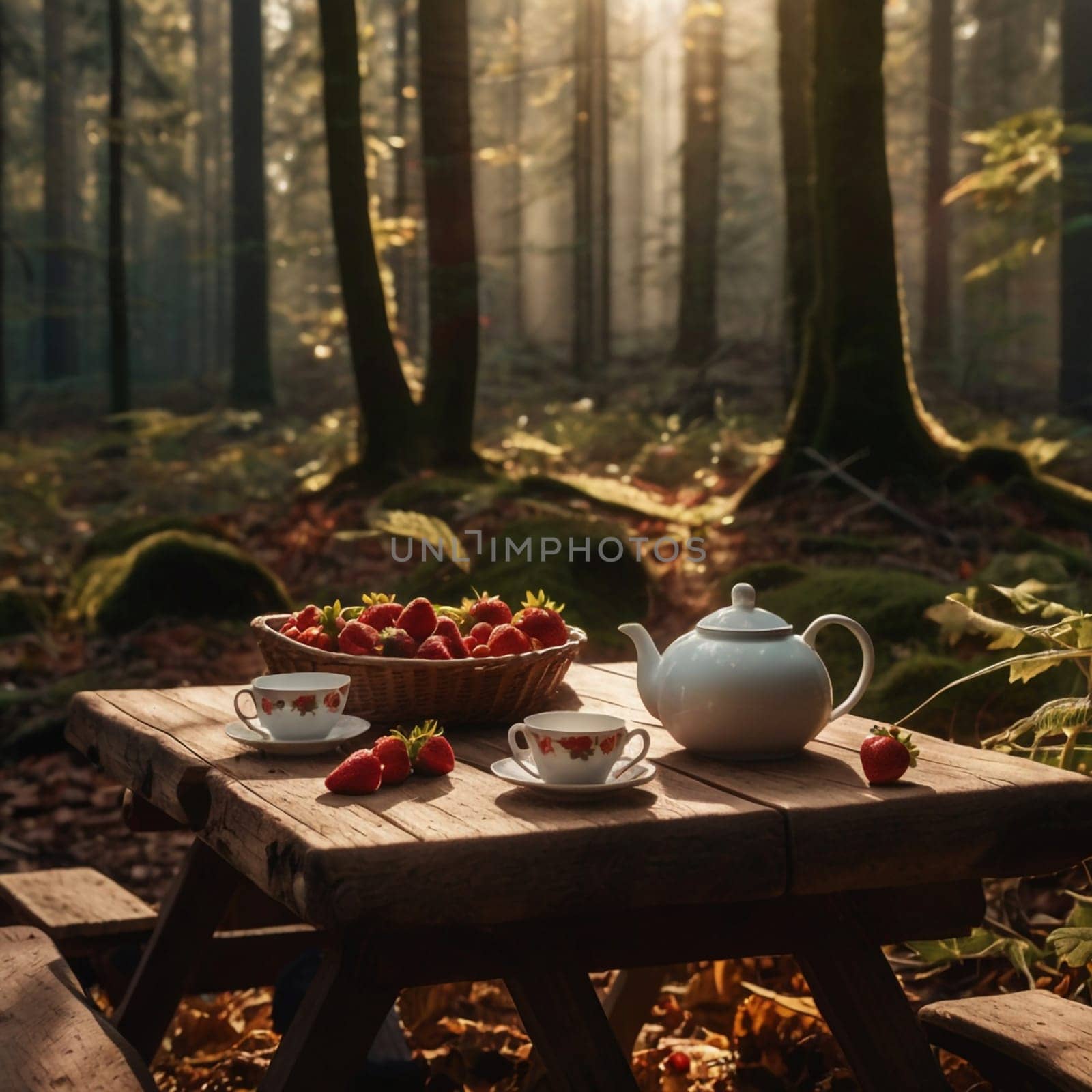 Two teacups and a teapot sit on a rustic wooden table in a forest setting, surrounded by a basket of fresh strawberries. A high-quality photo.
