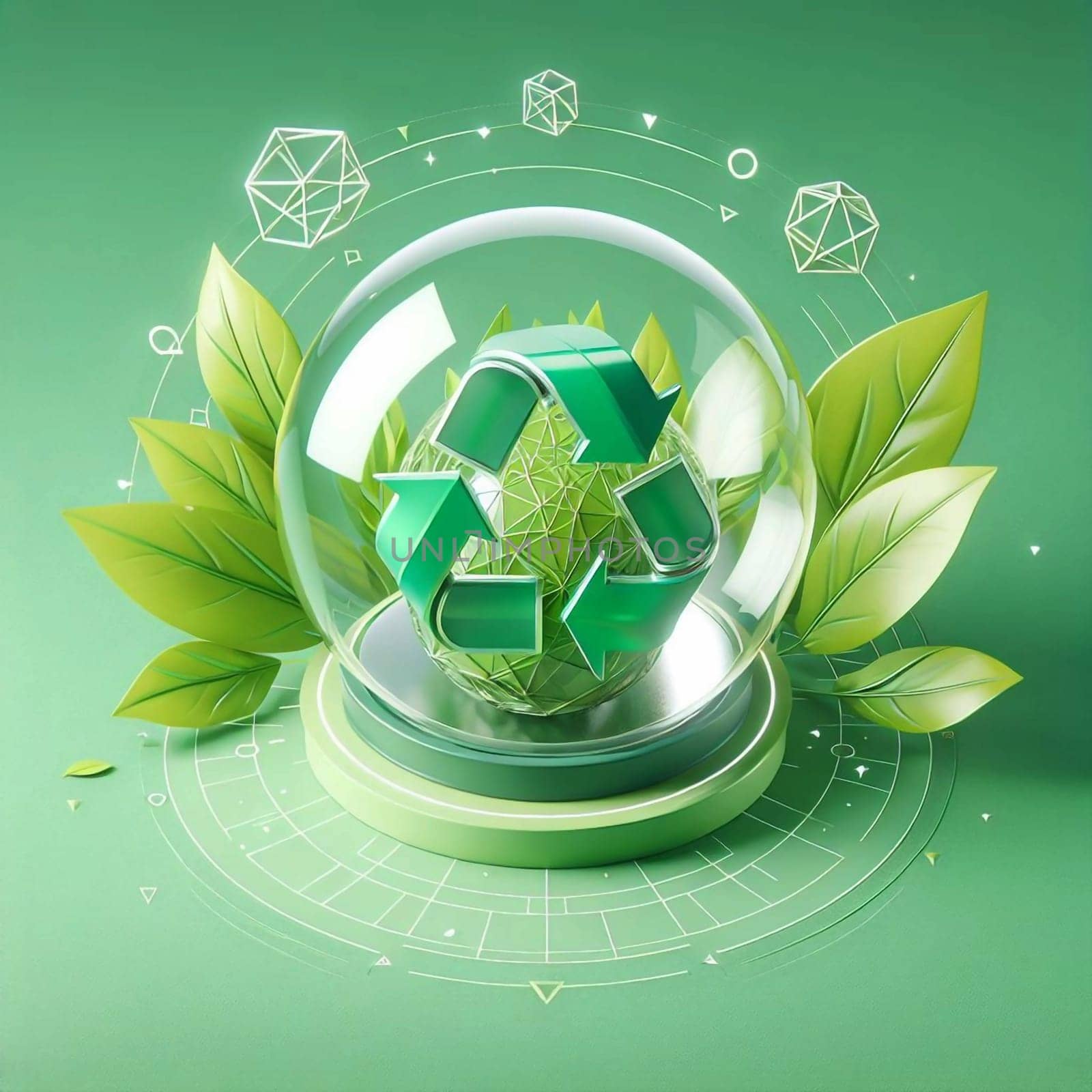 A green recycling symbol inside a glass sphere on a green platform surrounded by green leaves, representing environmental sustainability. A high-quality photo.