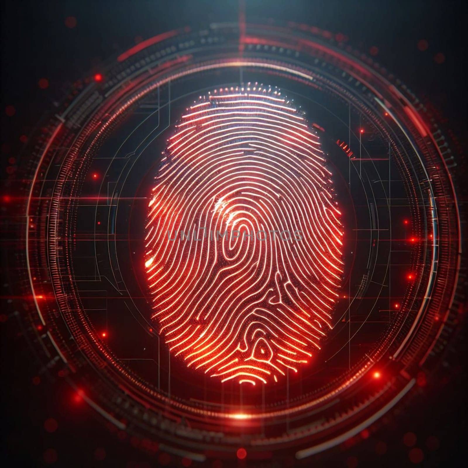 A stylized fingerprint glowing red against a dark, circular technological background. A high-quality photo.