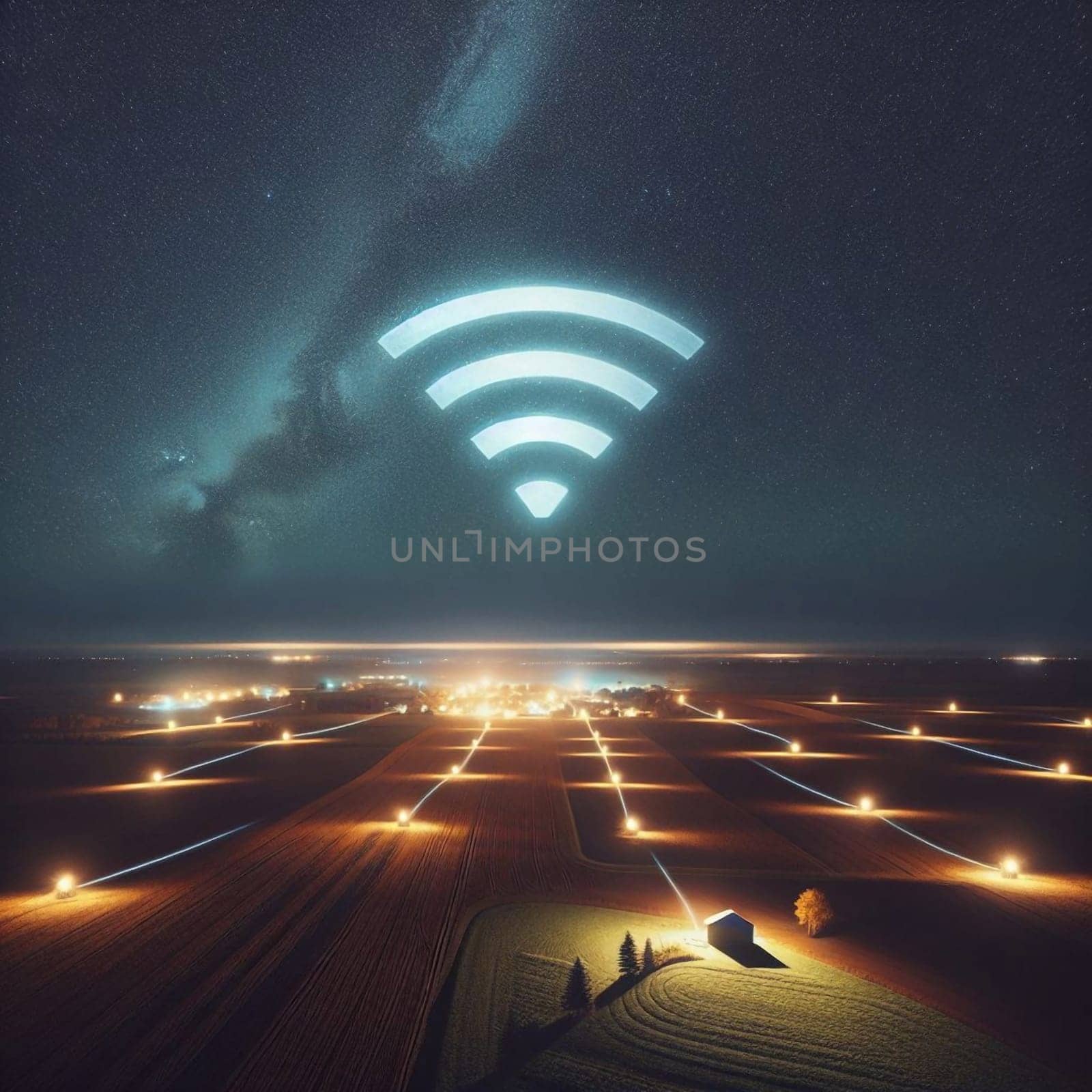 A large Wi-Fi symbol glows in the night sky above a rural landscape with illuminated fields. A high-quality photo.