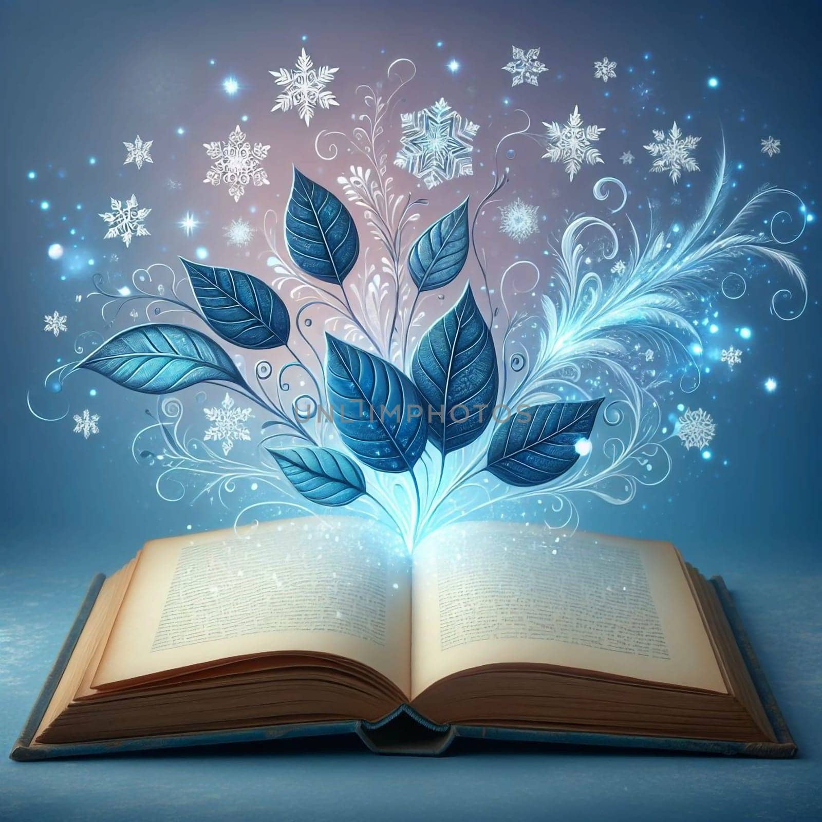 An open book with blue, glowing leaves and snowflakes emanating from its pages. A high-quality photo.