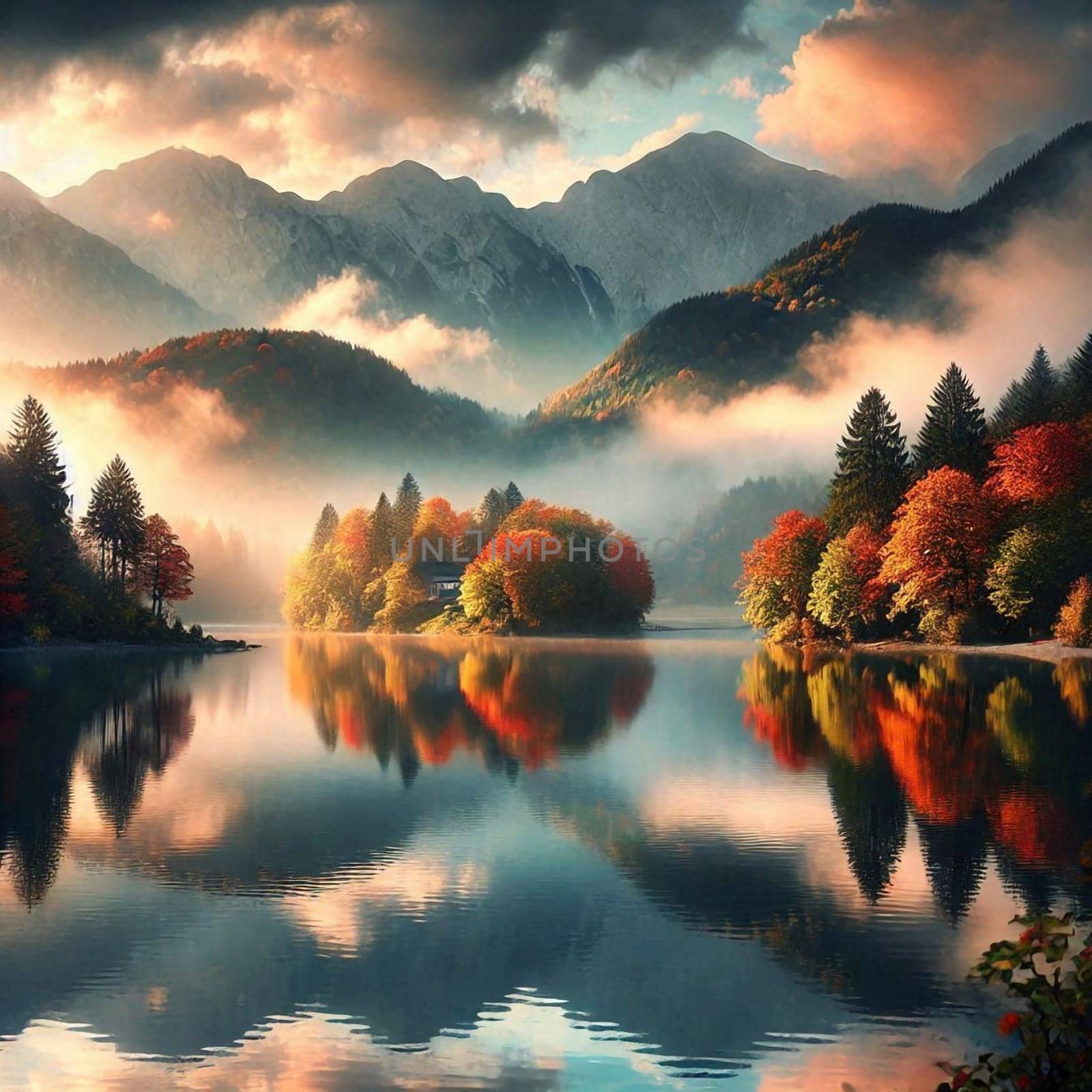 A lake reflects the colors of autumn trees and mountains on a misty morning. A high-quality photo.