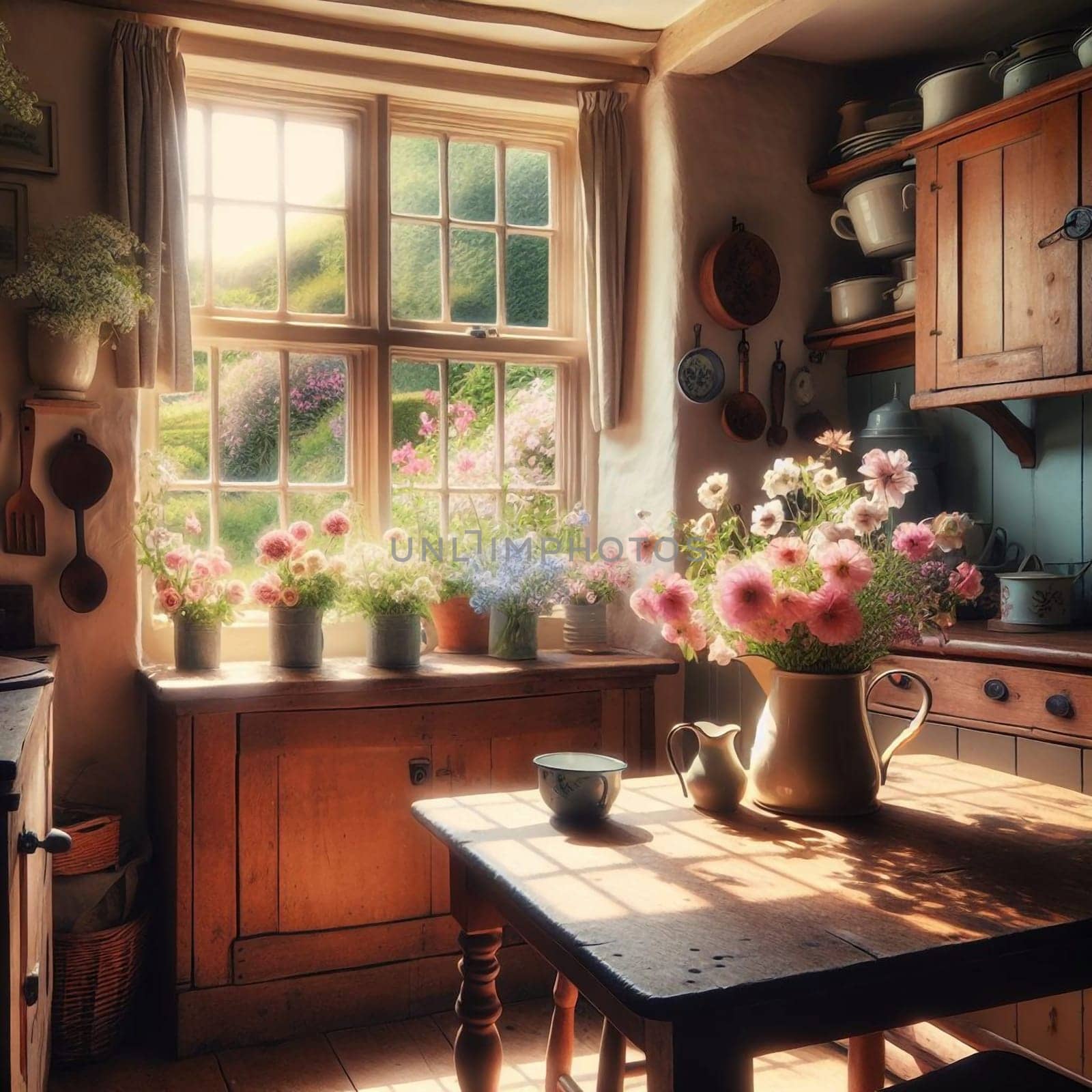 A rustic kitchen interior with wooden cabinets and a table filled with flowers, viewed through a sunlit window. A high-quality photo.