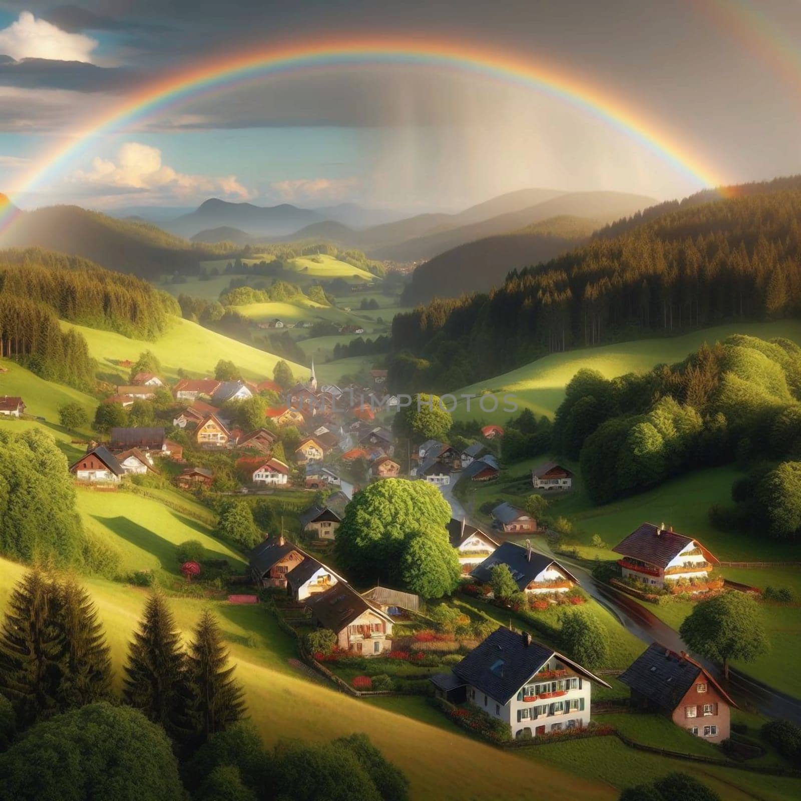A rainbow arches over a picturesque village nestled in a green valley. A high-quality photo.