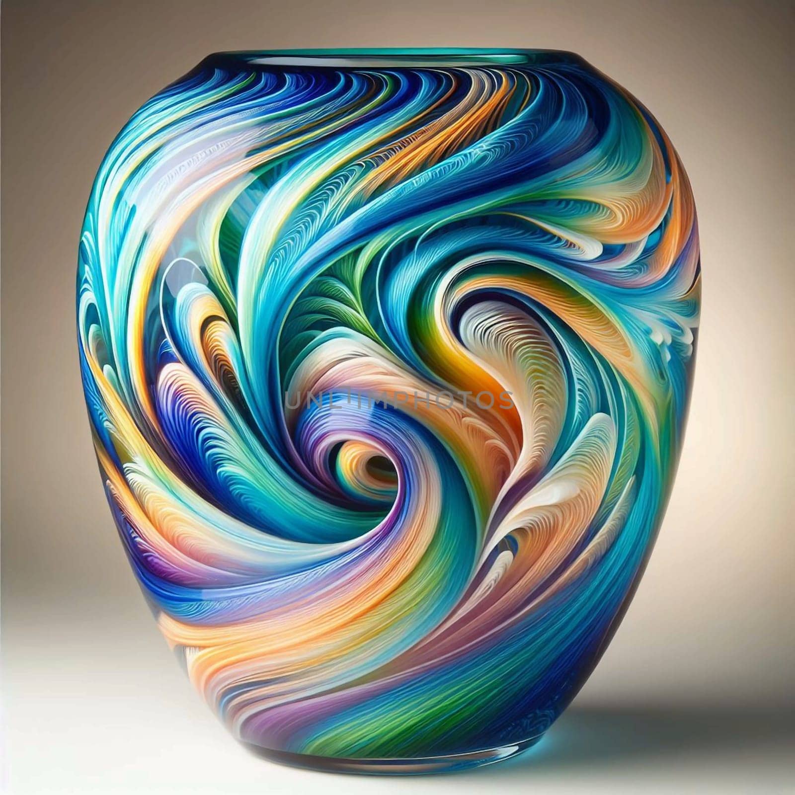 A colorful, swirling glass vase with intricate designs. A high-quality photo.
