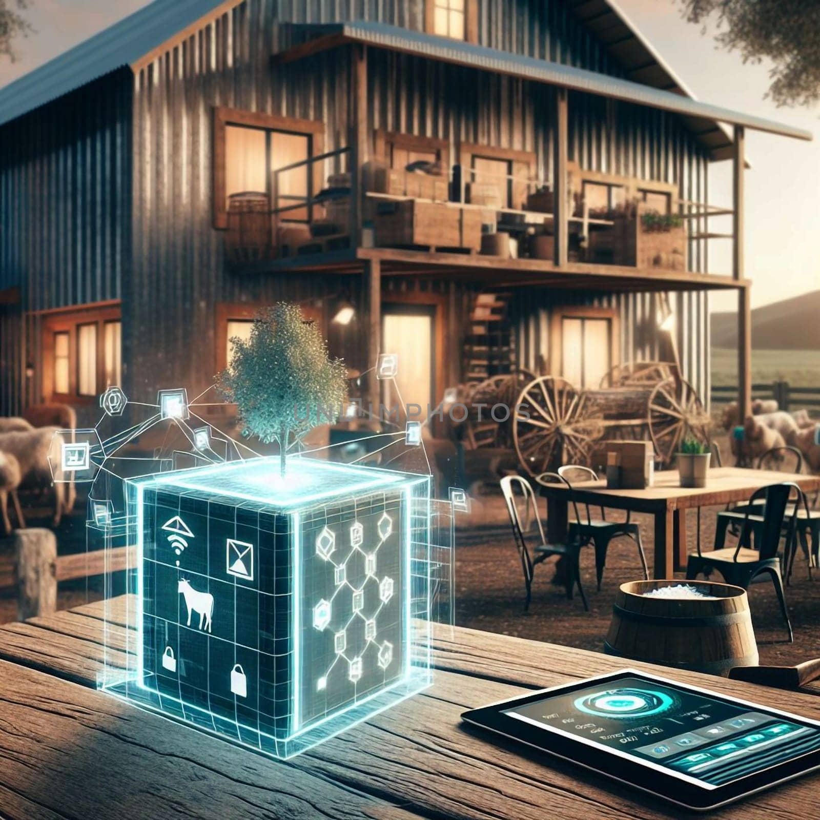 A holographic cube displaying smart farm data floats above a wooden table on a farm, with a tablet showing additional information. A high-quality photo.