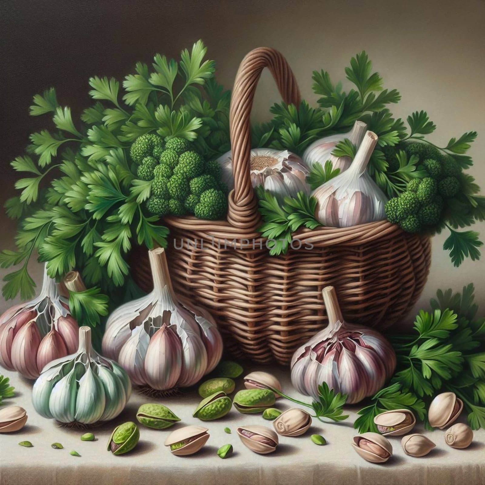 Still life oil painting of a wicker basket filled with garlic, broccoli, and parsley, with scattered pistachios on the table. A high-quality photo.