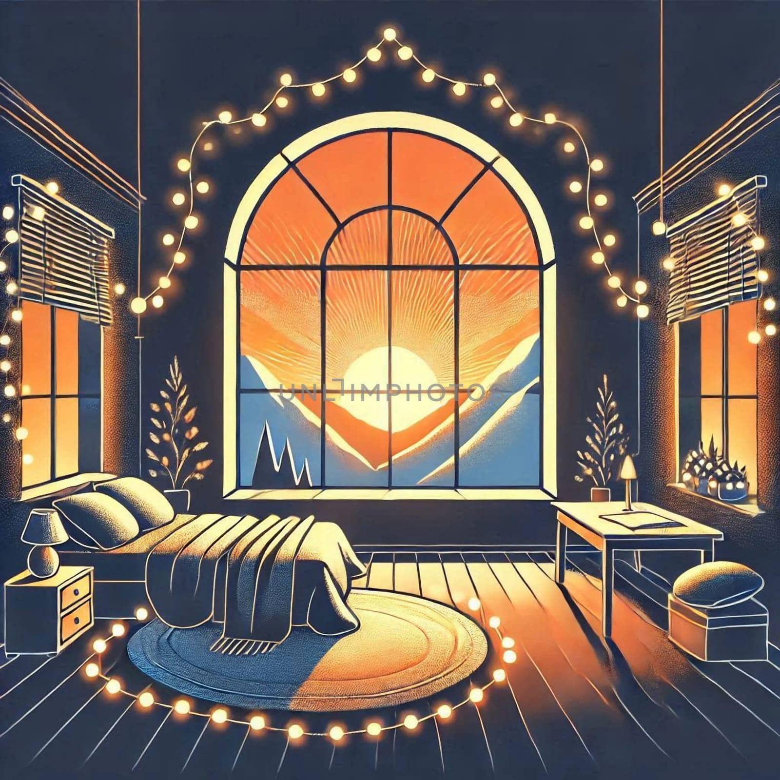 A cozy bedroom with a large arched window showcasing a mountain sunrise, surrounded by string lights. A high-quality photo.