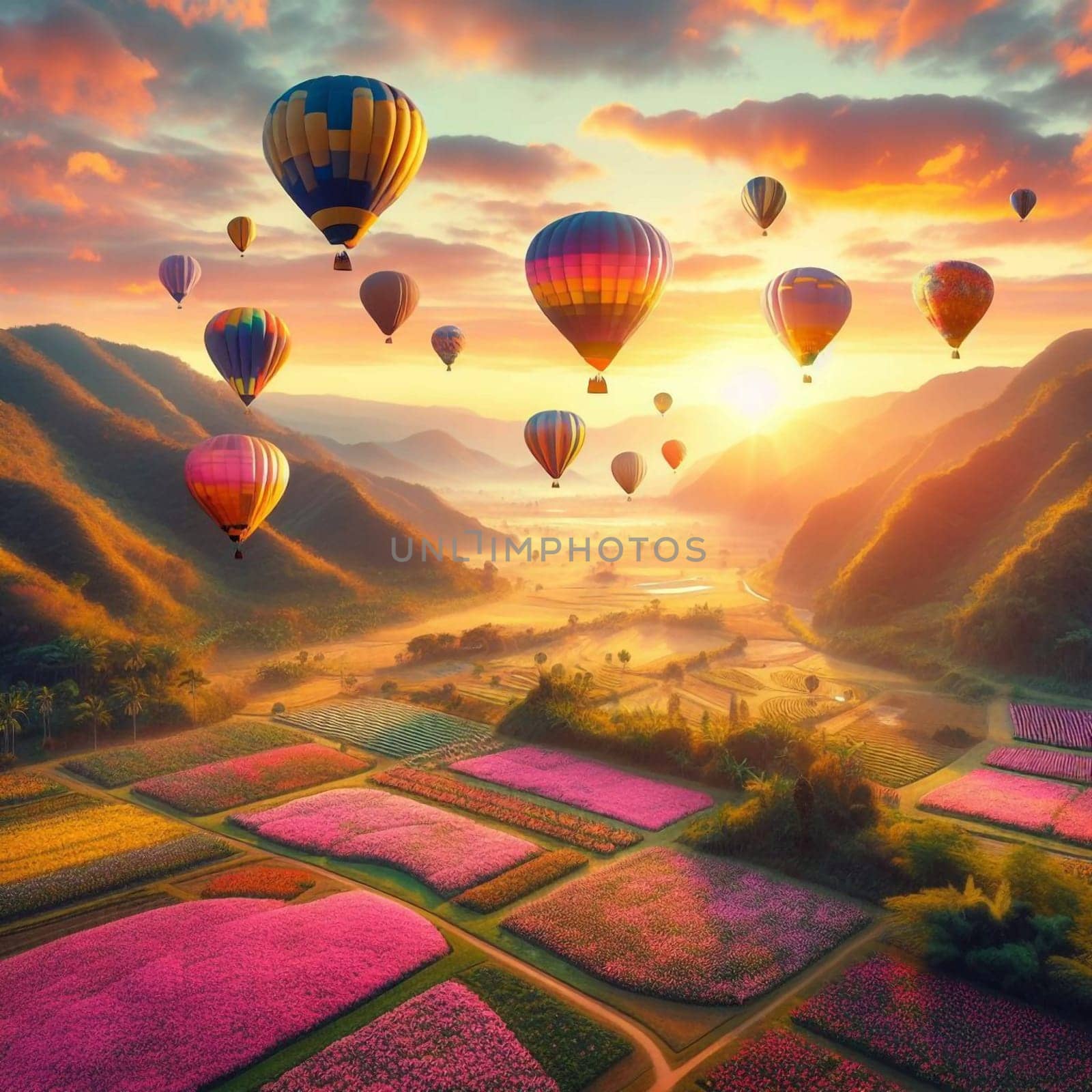 Aerial view of many hot air balloons flying over a field of colorful flowers at sunset. A high-quality photo.