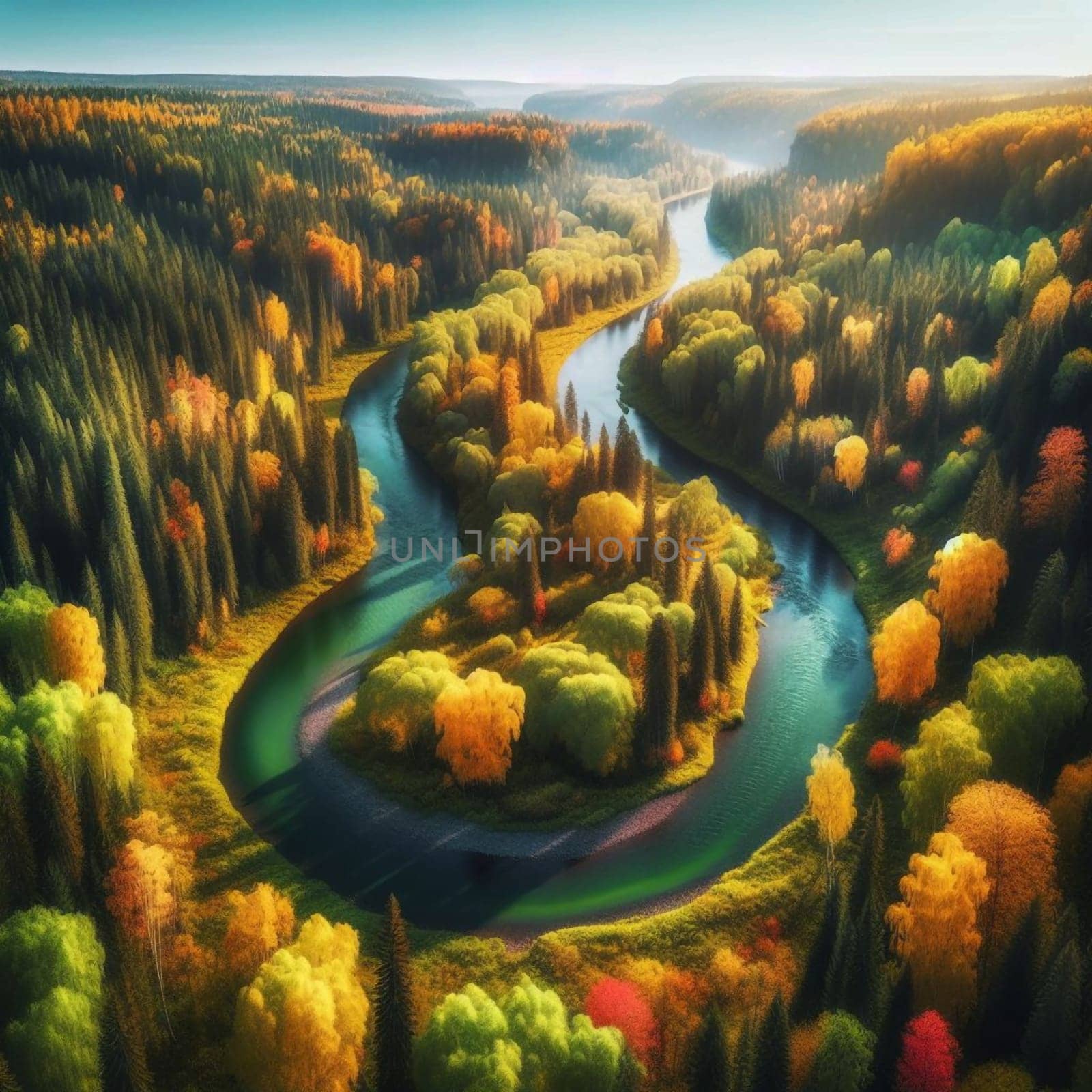 Aerial view of a winding river flowing through an autumnal forest, creating a colorful and meandering pattern. A high-quality photo.