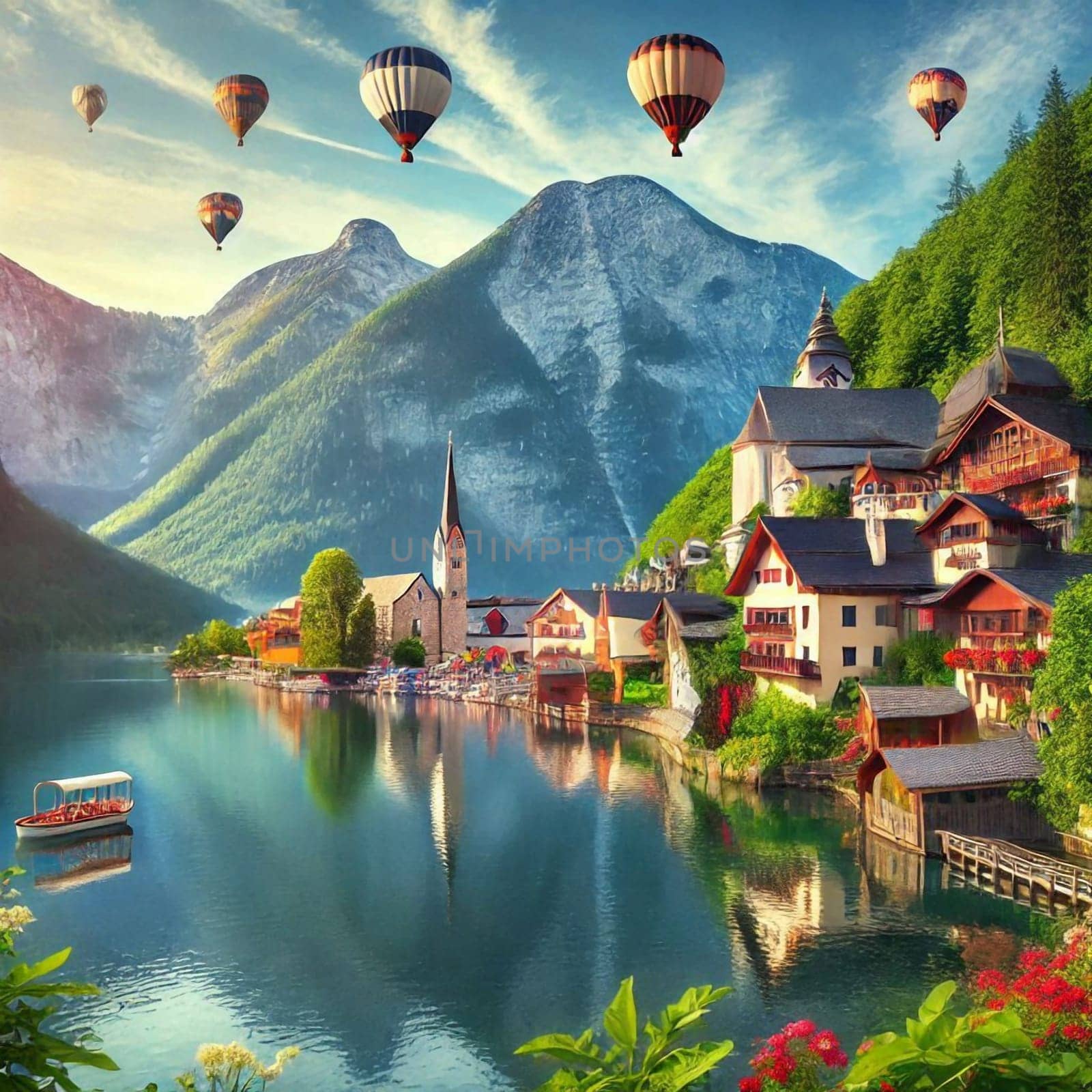 Hot air balloons fly over a picturesque Austrian village nestled beside a lake with mountains in the background. A high-quality photo.