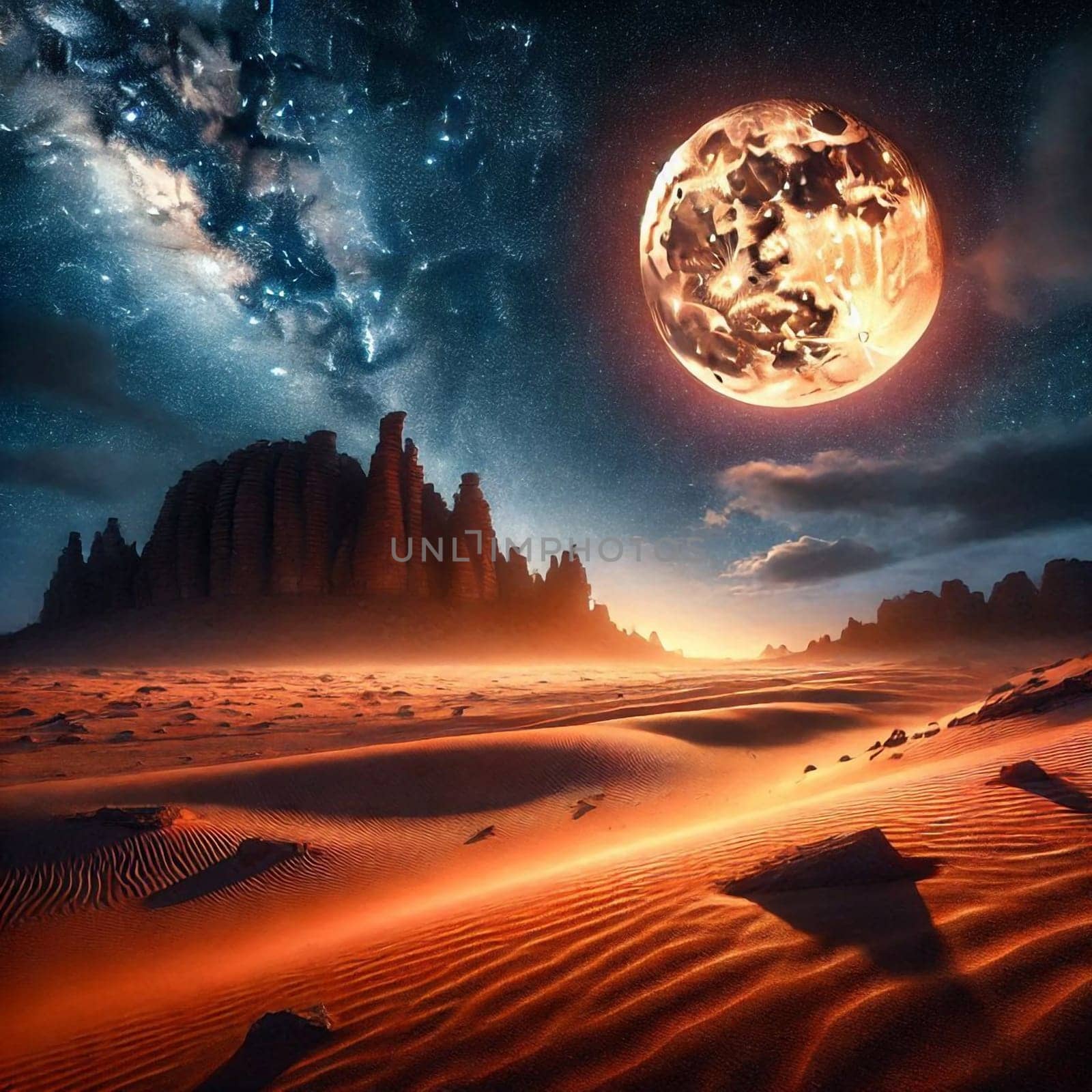 A fantastical desert landscape with unique rock formations under a large, fiery moon and a starry sky. A high-quality photo.
