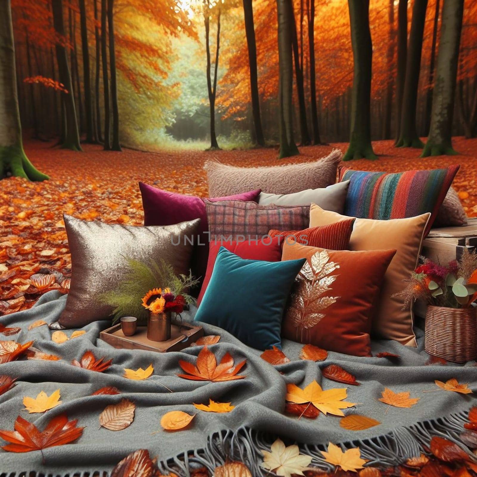 A collection of decorative throw pillows arranged on a gray blanket in an autumnal forest setting. A high-quality photo.