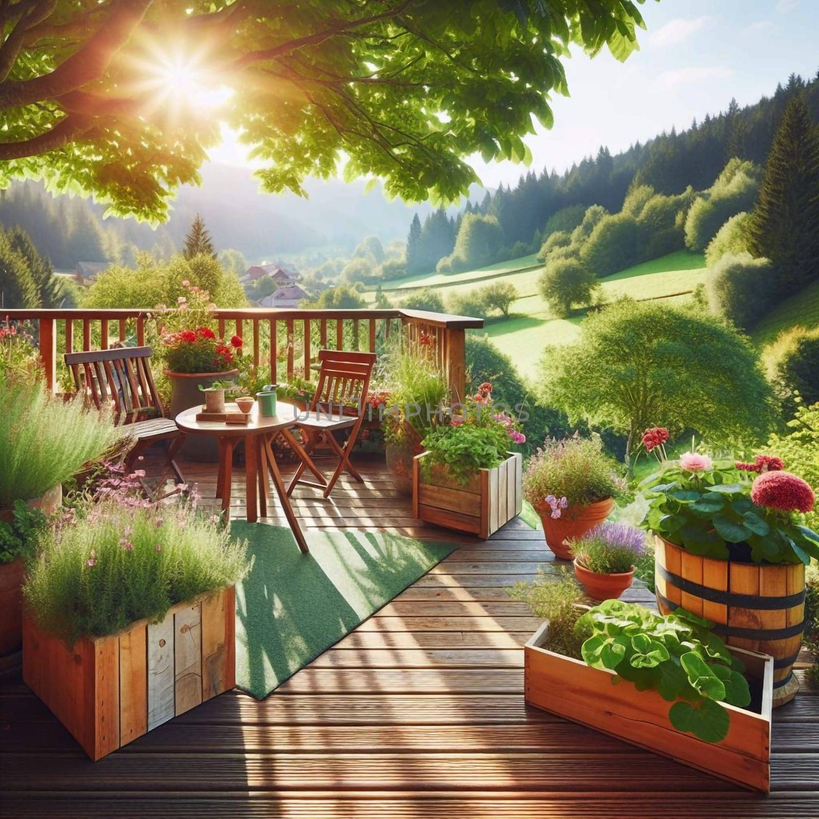 Wooden deck with potted plants and patio furniture overlooking a green valley at sunrise. A high-quality photo.
