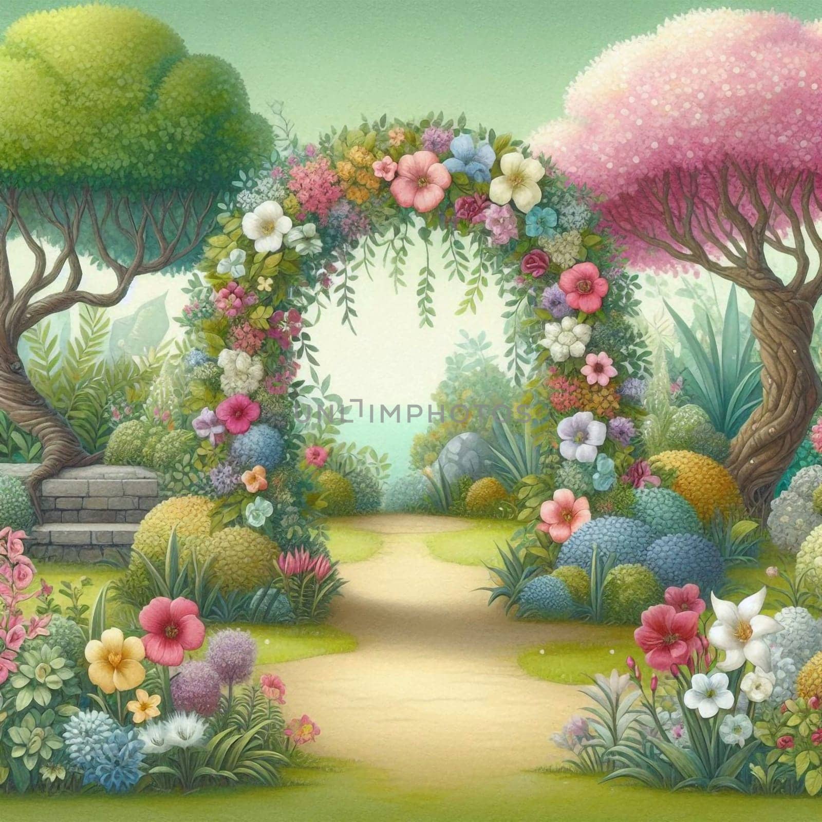 A whimsical path leads through a magical garden with a floral archway, lush greenery, and colorful flowers. A high-quality photo.